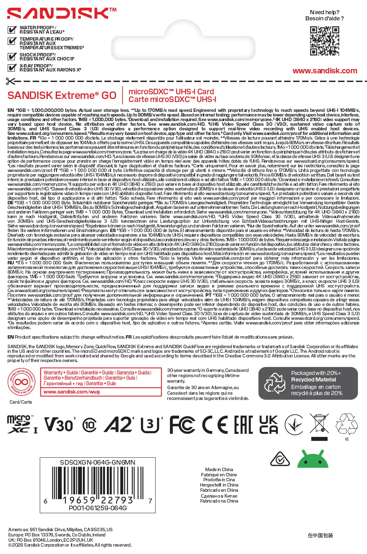 SANDISK Carte microSDXC UHS-I Extreme GO 64 Go, vidéo UHD 5K et 4K, lecture 170 Mo/s, écriture 80 Mo/s, A2, U3, V30, haute vitesse pour Android, caméra d'action et jeux vidéo