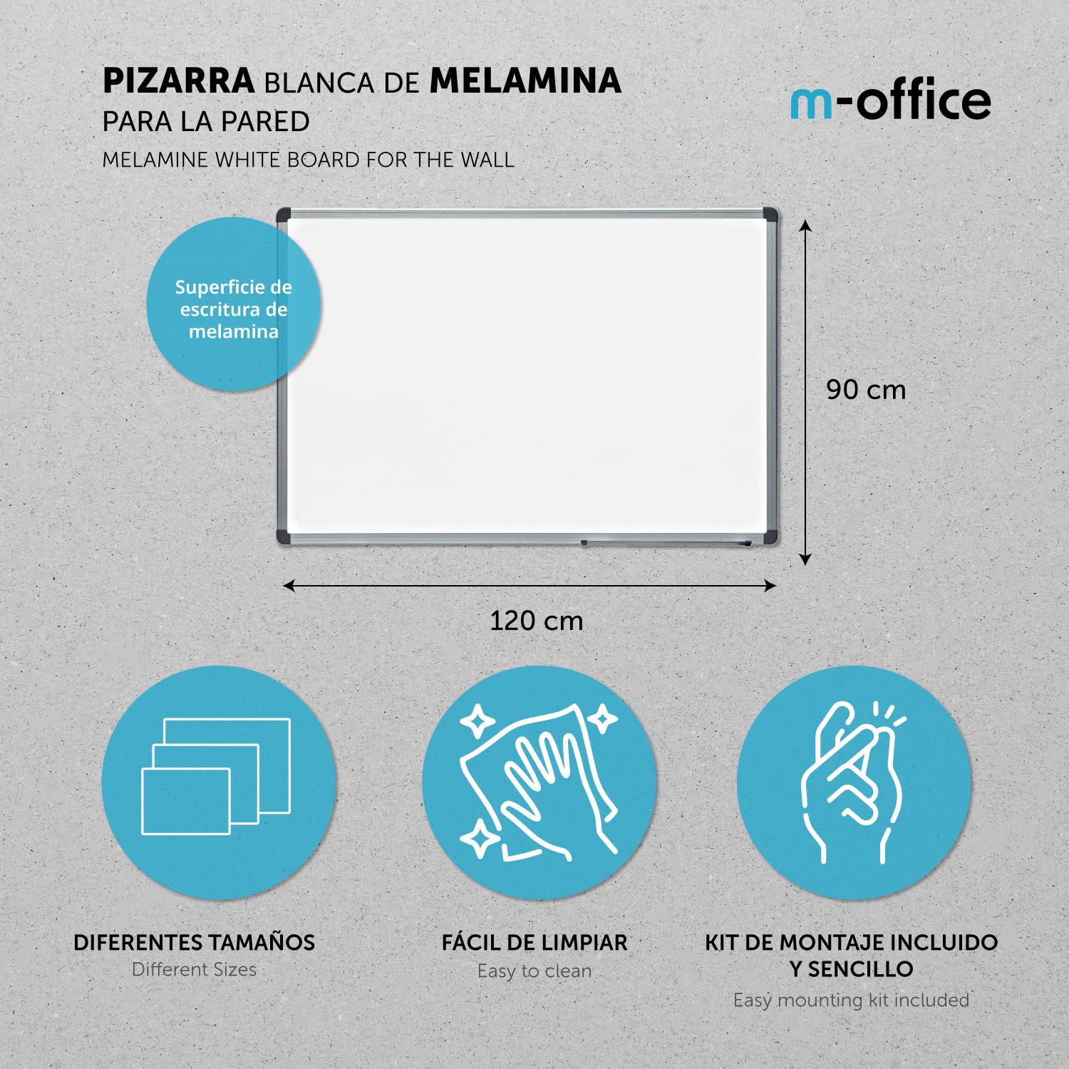 Pizarra para Rotuladores, Pizarra Blanca Pared, Pizarra Rotulador Marco de Aluminio, Pizarra Blanca de Melamina para Uso Escolar, Laboral o Personal, Superficie Suave · m-office (120x90cm)