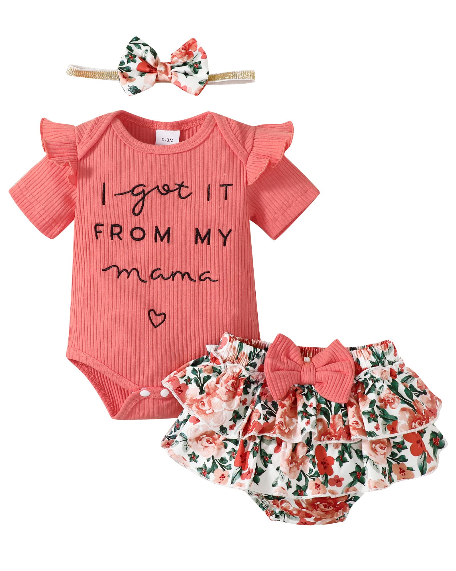 Mioglrie Newborn Infant Baby Girl Clothes Romper Shorts Set Floral Summer Outfits Cute Baby Clothes Girl 6-12 Months Persimmon