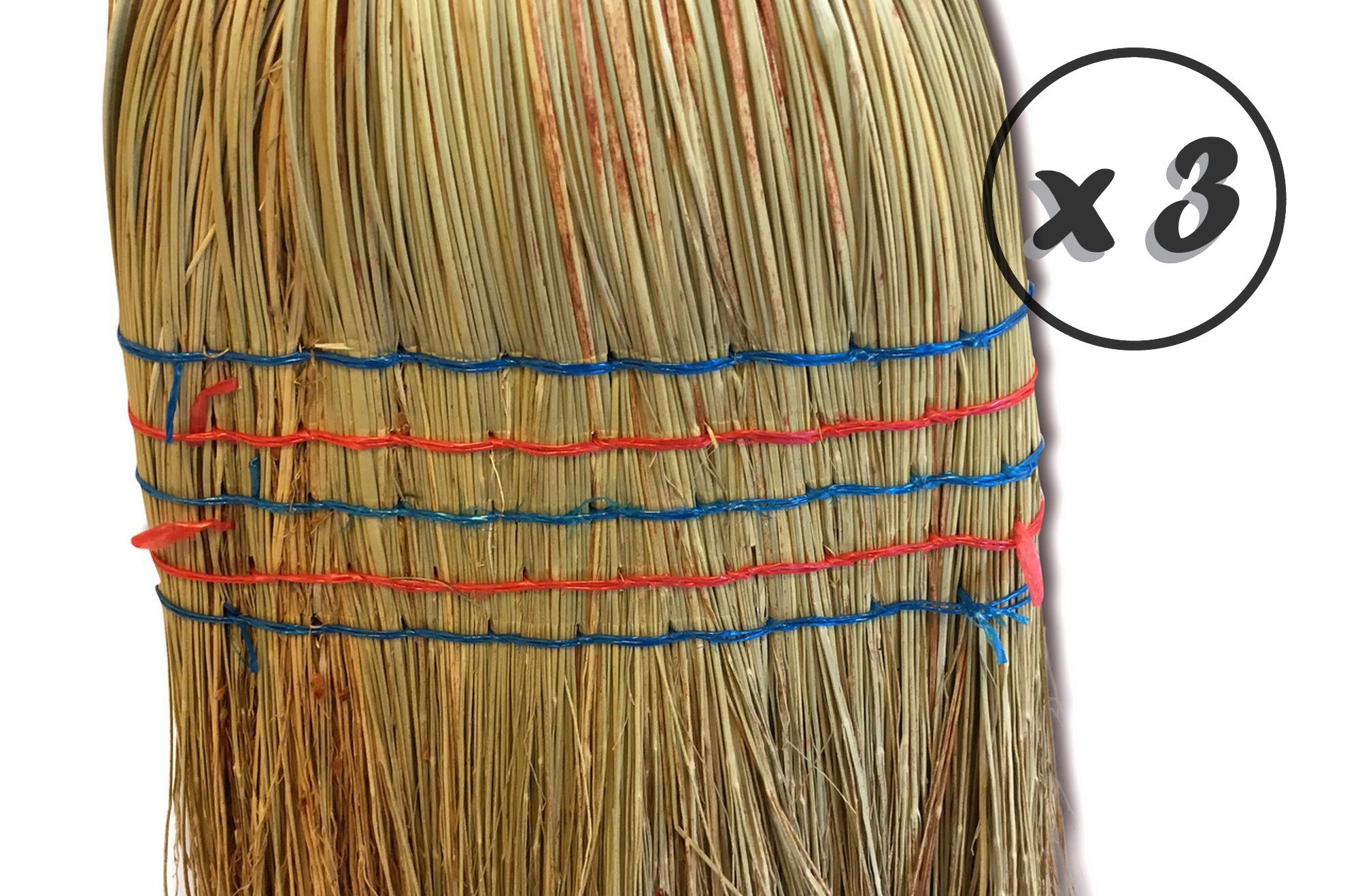 Lote de 3 cepillos Tradicionales de Paja de arroz | 5 Hilos | Ancho 35 cm | Mango de Madera 150 cm | para Limpieza Exterior, sótano o Garaje | Kibros 2840x3 | Fibra natural, sin mangas, uso interior al aire libre bodega patio jardín, barrido suelos variad