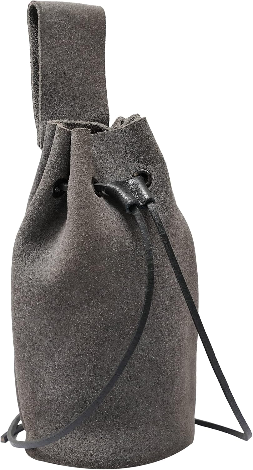 Mythrojan Drawstring Belt Bag Renaissance Costume Accessories Medieval Suede Leather Purse Viking Coin Jewelry Pouch Waist Bag for LARP, Festivals, Renfaire, Reenactments (Light Grey- 8" x 6.5")