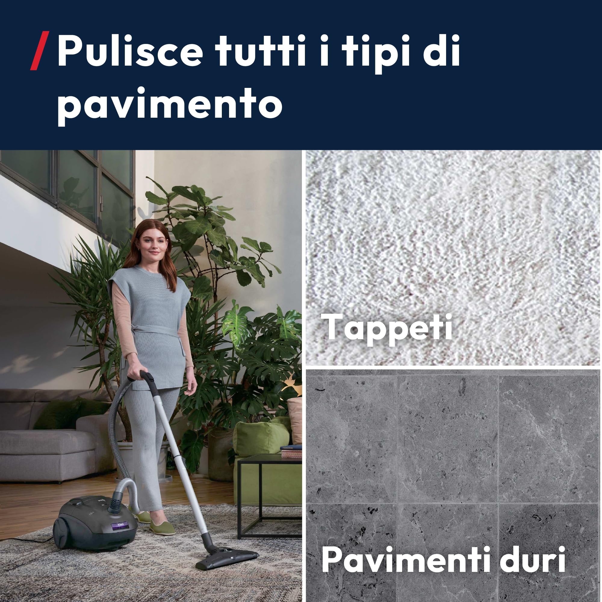 Hoover HE1 Aspirapolvere a traino con sacco compatto e potente per pavimenti duri e tappeti, Filtro per la polvere EPA, Capacità del sacco 2,5L, Accessori integrati, Raggio d'azione 7,5m [HEZ107HM]
