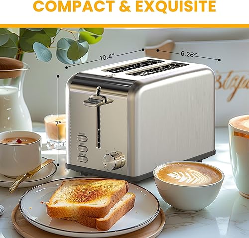 Miniatura 2 de Simple Deluxe Tostadora de 2 rebanadas, 6 ajustes de tostado y tostadora de acero inoxidable de 3 funciones, ranura extra ancha y bandeja extraíble