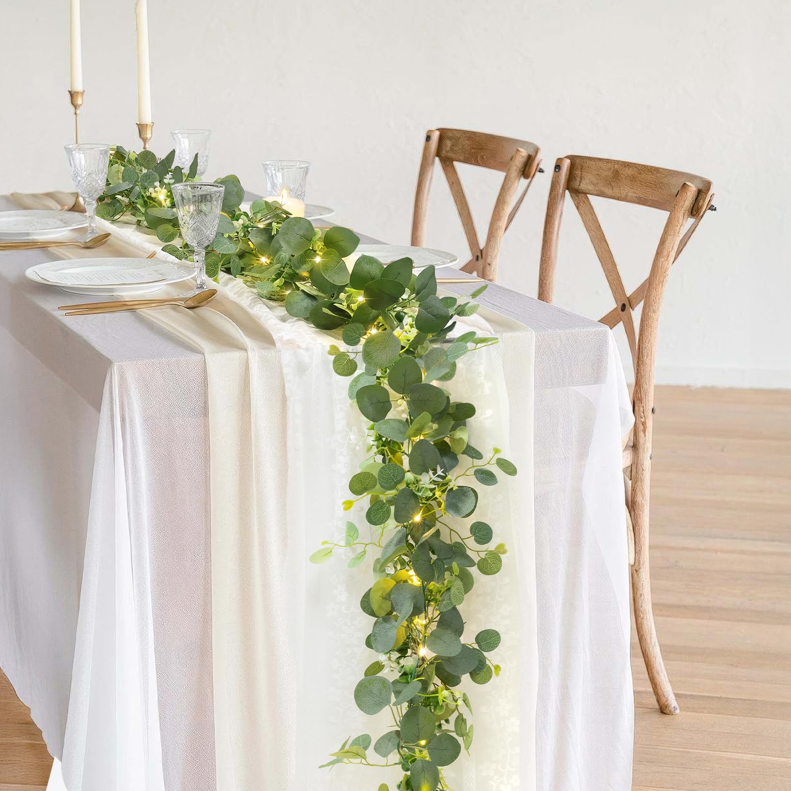 N&T NIETING Artificial Eucalyptus Garland, 2Pcs Greenery Vines Garland with LED light and White Flowers - Image 3
