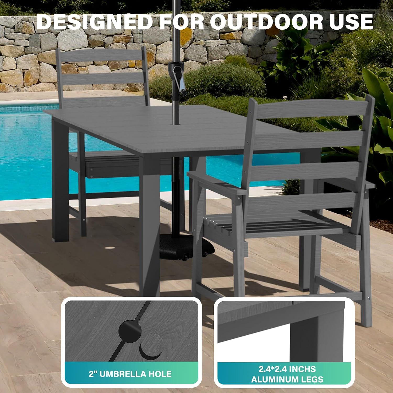 LOUNZY 9 Pieces Patio Dining Sets, 90'' Table Outdoor HDPE Furniture Set w/ 2" Hole Cut-Out Dining Table with 8 Patio Chairs for Lawn, Pool and Yard, Gray