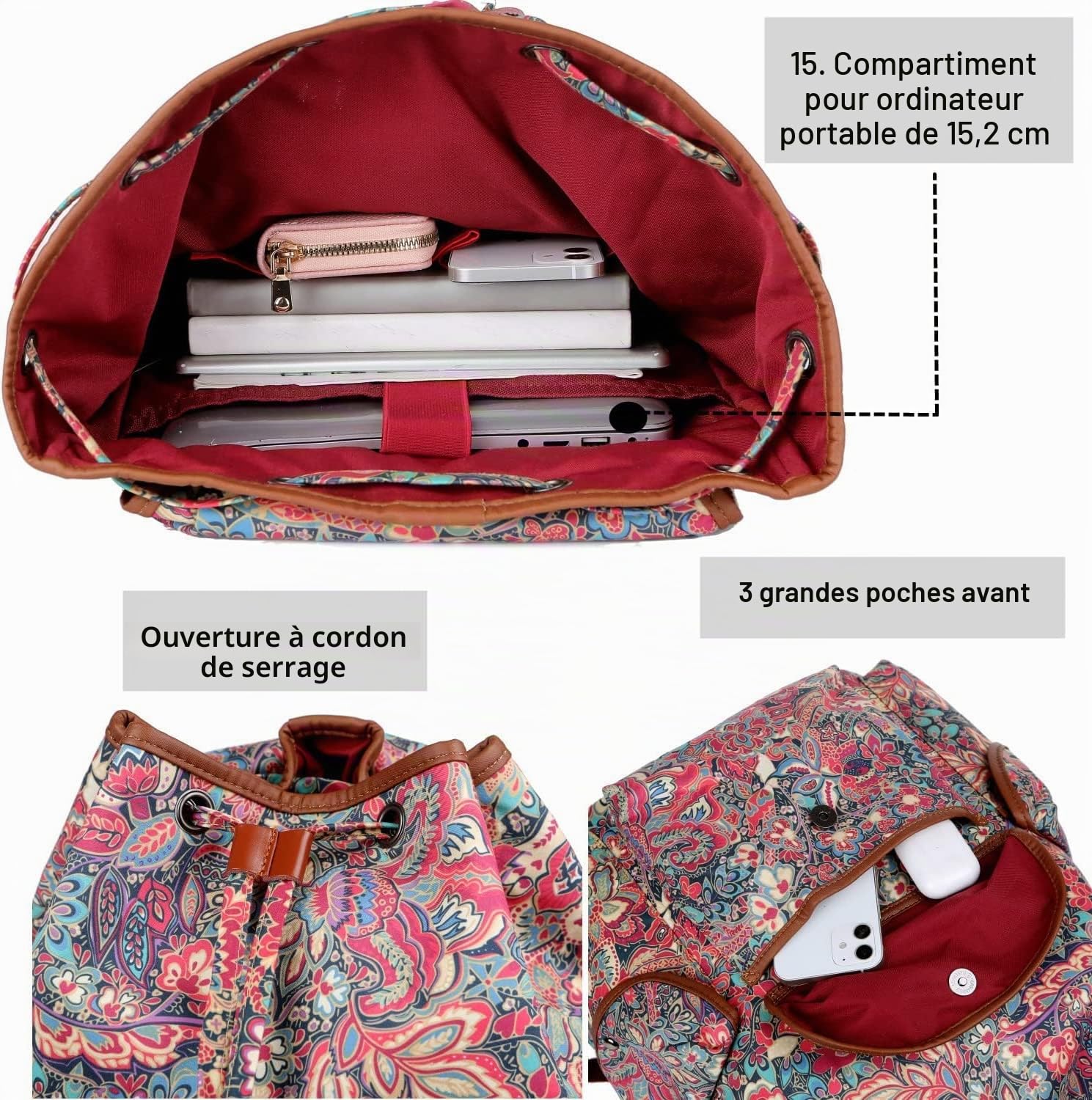 CN-01 Grand sac à dos pour ordinateur portable 15,6 pouces pour femme, sac à dos d'école, voyage, randonnée, sac à dos avec trousse de toilette gratuite, Hs, L