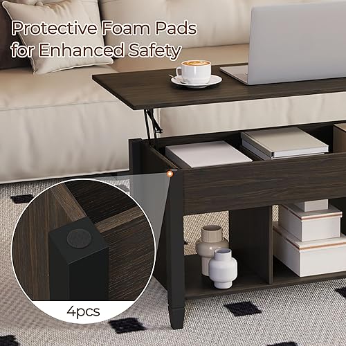 Miniatura 8 de Yaheetech - Mesa de centro con compartimento de almacenamiento oculto y estante, la superficie superior se levanta, mesa de comedor para sala de