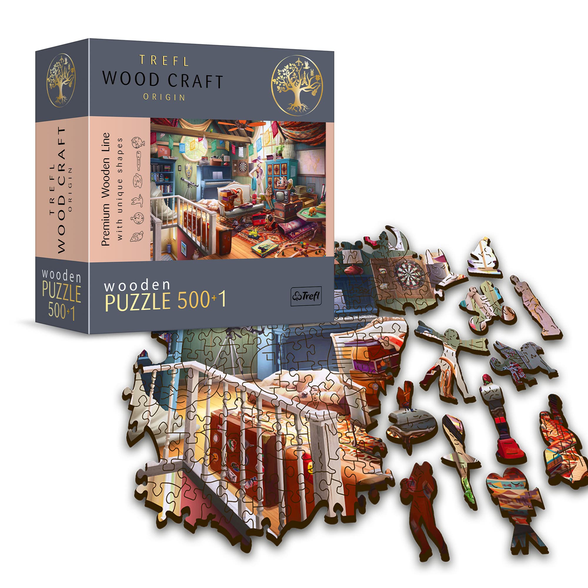 Trefl - Casse-tête en Bois : Les Trésors du Grenier - 500+1 pièces, Wood Craft, Formes Irrégulières, 50 Figures, Puzzle Moderne, pour Adultes et Enfants de 12 Ans et Plus