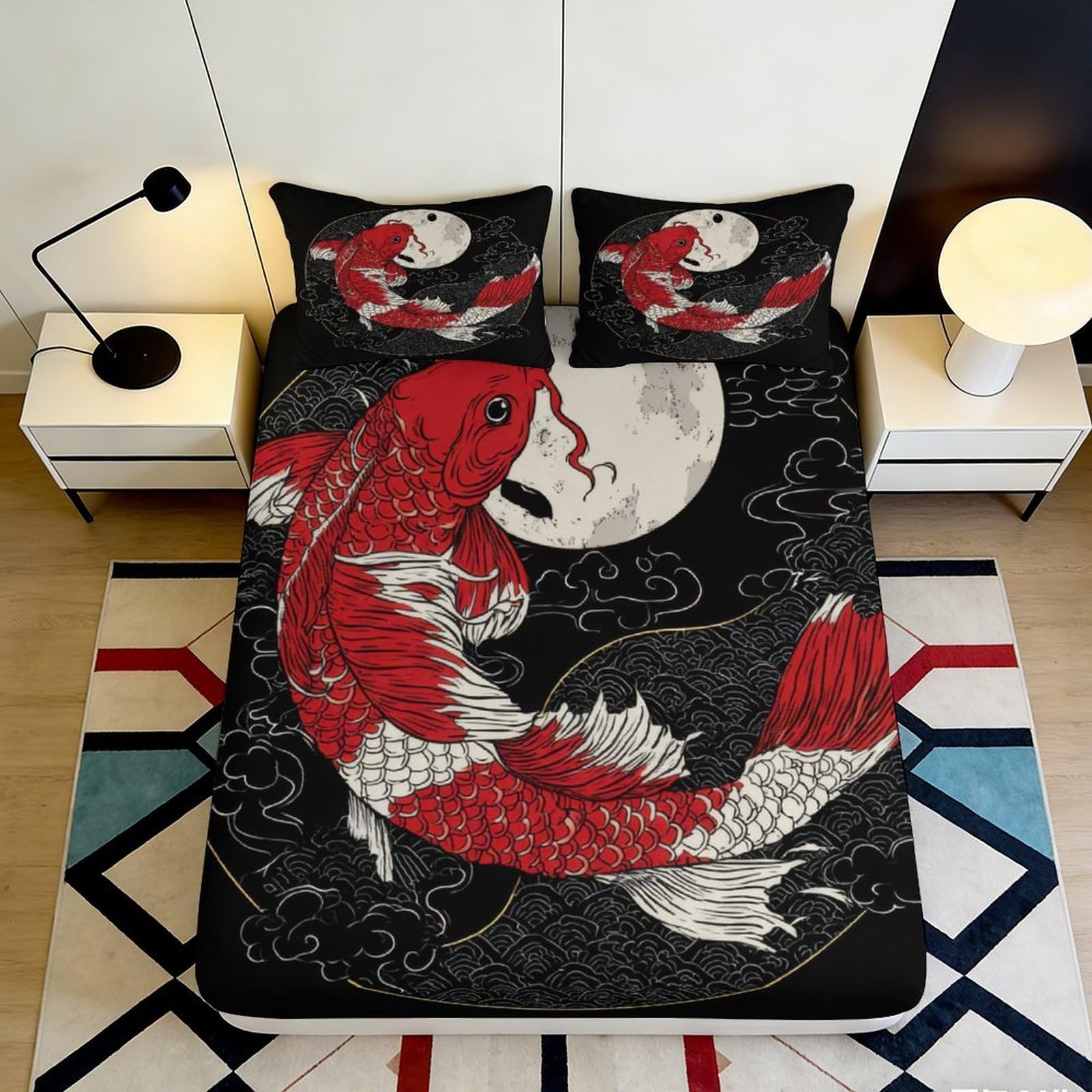 3D Printed Koi Fish Fitted Sheet Microfiber Soft Breathable Moon Pattern Bed Sheet for Bedroom Dormitory Guest Room Mattress Protection Decor 160x200x25cm