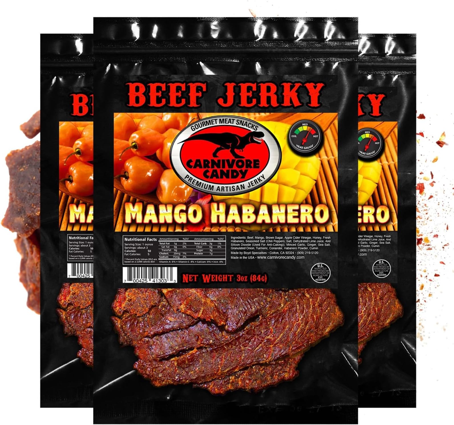 Carnivore Candy’s Mango Habanero Jerky – Beef Jerky with amazing taste, no preservatives, MSG-free, low sodium Ready to Go Food. Great protein boost for the gym, office or on the go! (3 OZ - 3 bags)