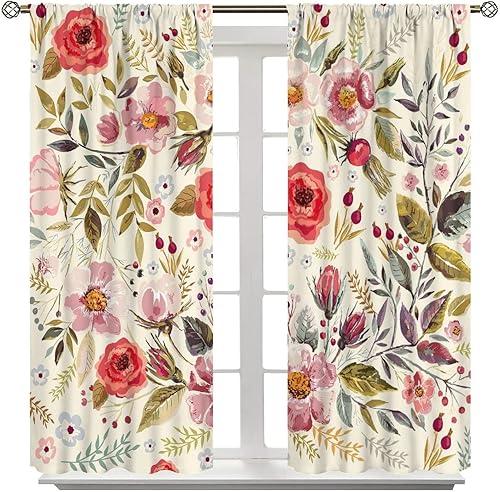 Miniatura 487 de Retro 70s Floral Blackout Window Curtains, Watercolor Flower Plant Rustic Modern Style Pattern Window Drapes, for Bedroom Living Room 42x45in 2