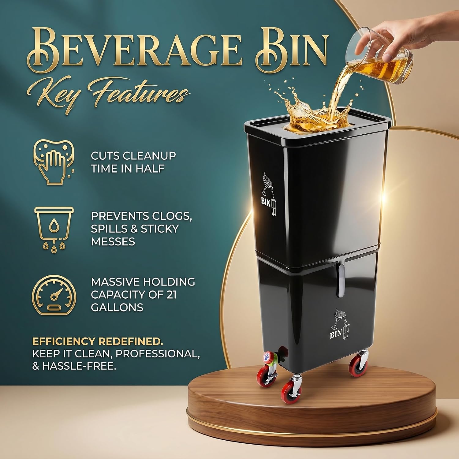 Black Commercial Beverage Disposal Bin for Event Venues, Bars & Restaurants, Drink Dump Bin with Liquid & Solid Waste Separation, Rolling Beverage Waste Station