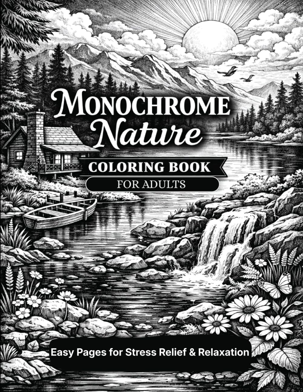 Monochrome Nature Coloring Book For Adults: Easy Pages for Stress Relief & Relaxation
