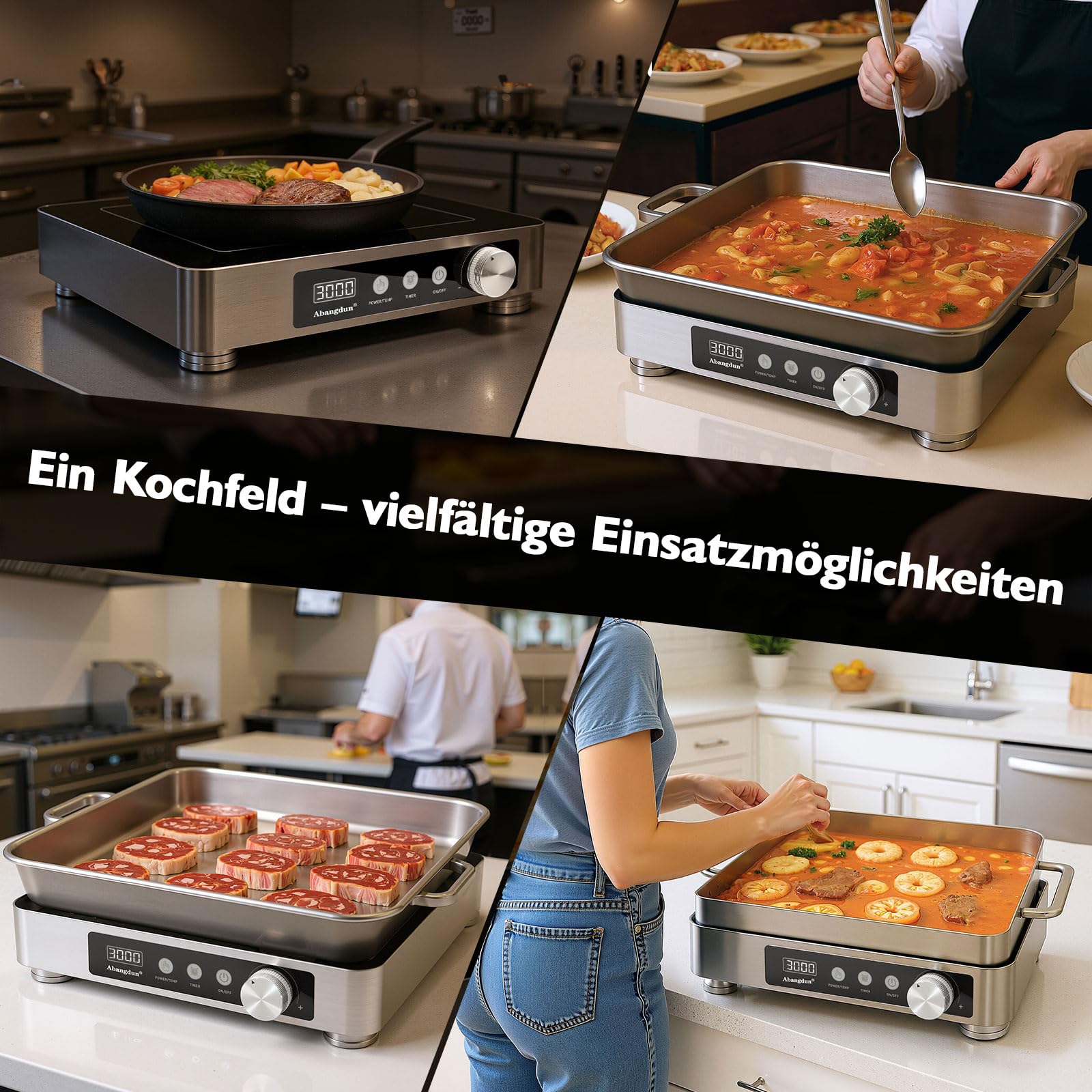 Plaque de cuisson à induction commerciale 3000 W – 190-275 V avec 16 niveaux de puissance, 60 à 220 °C, minuterie 18 h, acier inoxydable et verre, pour restauration, restaurant et cuisine