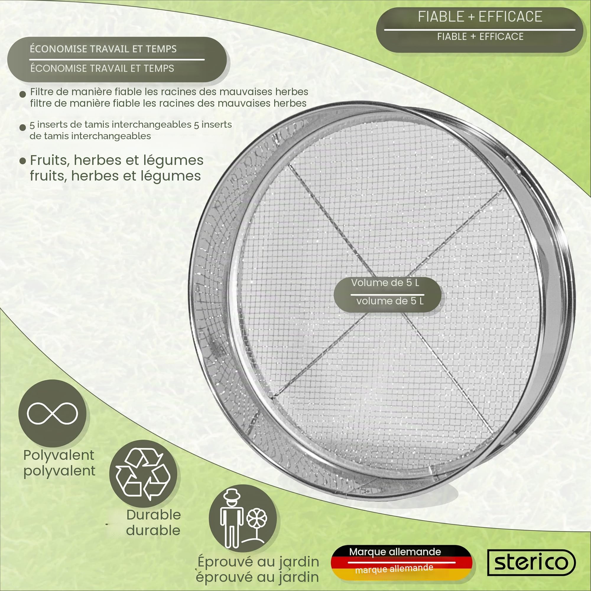 Siebmeister 5000, Tamis de Jardin 5 en 1, 5 grilles interchangeables de Ø 3,5, 8, 10 et 12 mm (Fin), pour la Terre, Les Cailloux, Les Mauvaises Herbes, 30 cm de diamètre, en métal, traité antirouille