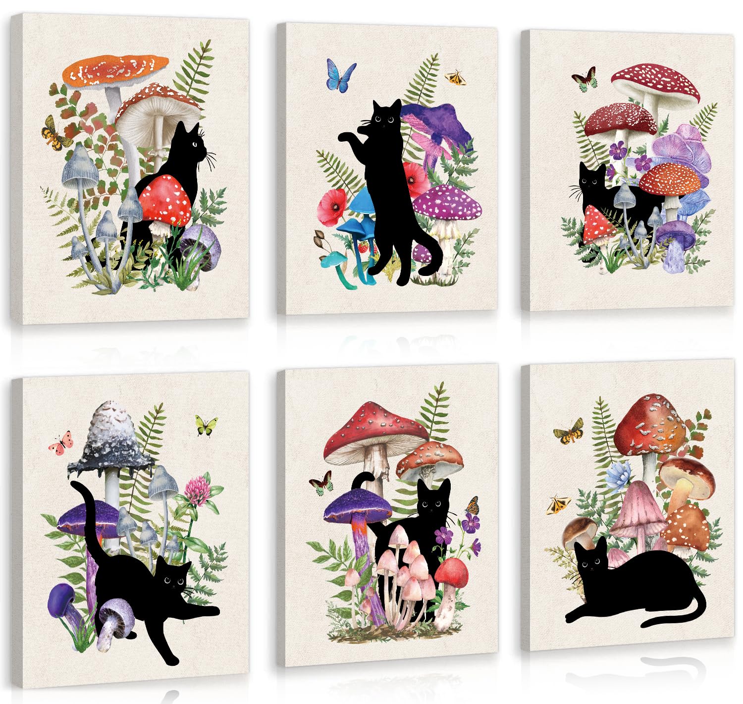 CHDITB Black Cat Canvas Wall Art, Vintage mushroom and cat Wall Decor, Nature Artwork Fantasy Fungus Feline Poster Retro Aesthetic Art Prints For Cats Lover Living Room Bedroom Decor (8X10 Inch)