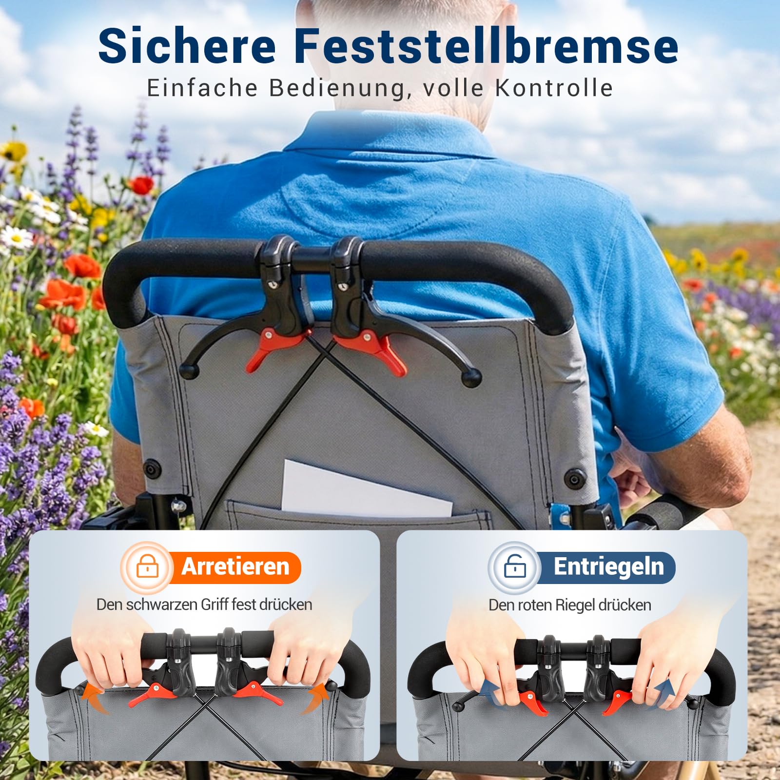 Care Parents reiserollstuhl Faltbar & Leicht (8,7kg), 41cm Sitzbreite,mit ausziehbarer Zugstange, Aluminium rollstuhl, Kompakt für Flugzeug, Bahn & Auto, Armlehnen hochklappbar, Bis 100kg (CP-9209)