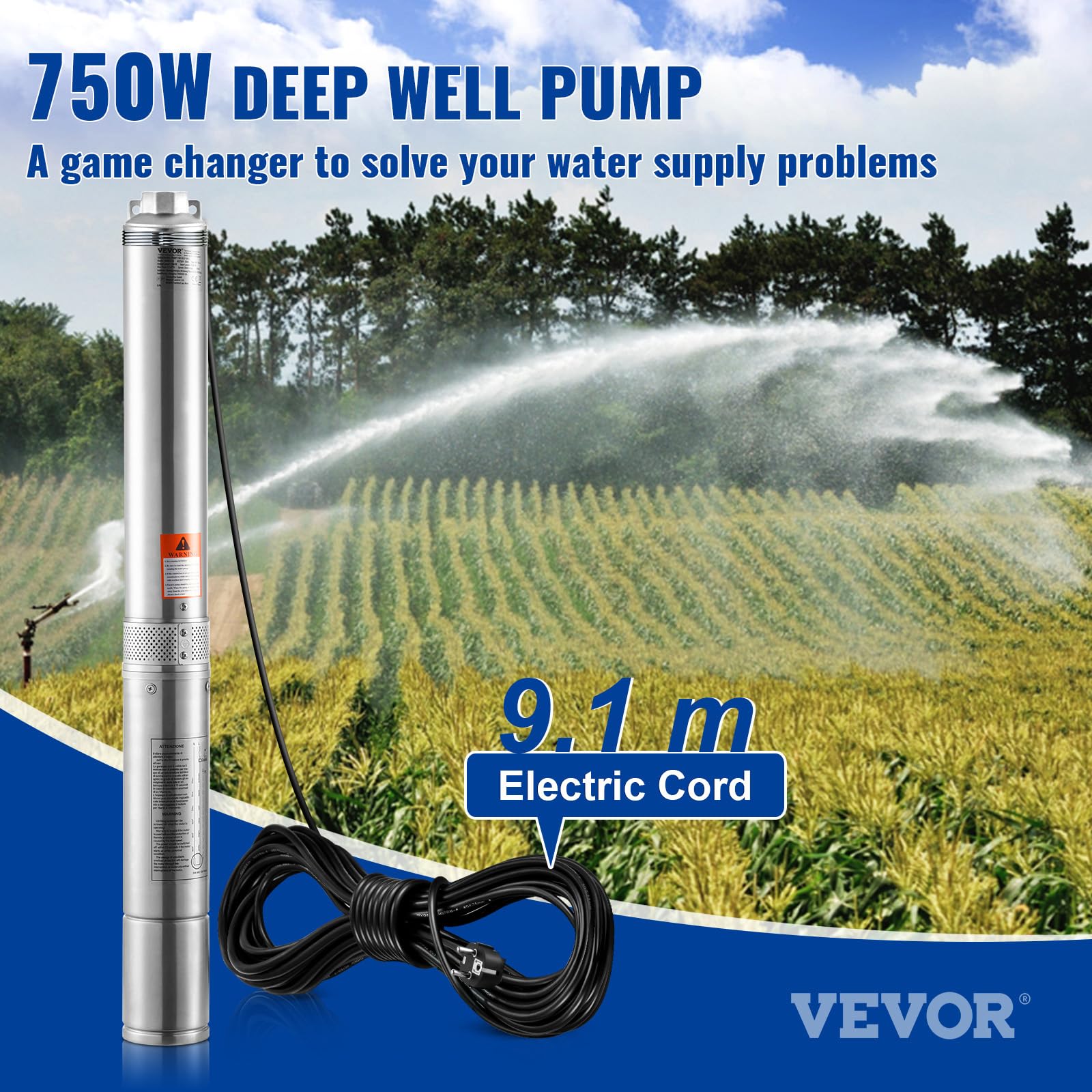VEVOR Pompa głębinowa, 750 W, 230 V, 60 Hz, maks. przepływ 7,1 m³/h, maks. wysokość tłoczenia 75 m, z kablem zasilającym 9,1 m, pompa wodna ze stali nierdzewnej do przemysłu, nawadniania i użytku