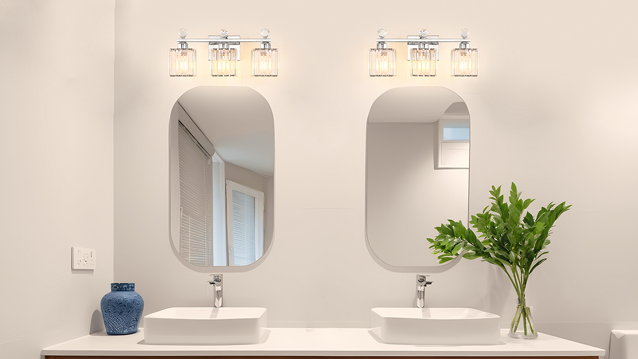 Image of Lxybcce 18.8 Inch Bathroom Vanity Light with Clear Crystal Shades, 3-Light Chrome Modern Fixture for Mirror, Easy Installation & Dimmable Lighting, Shadow-Free Illumination for Bathroom Mirror Decor