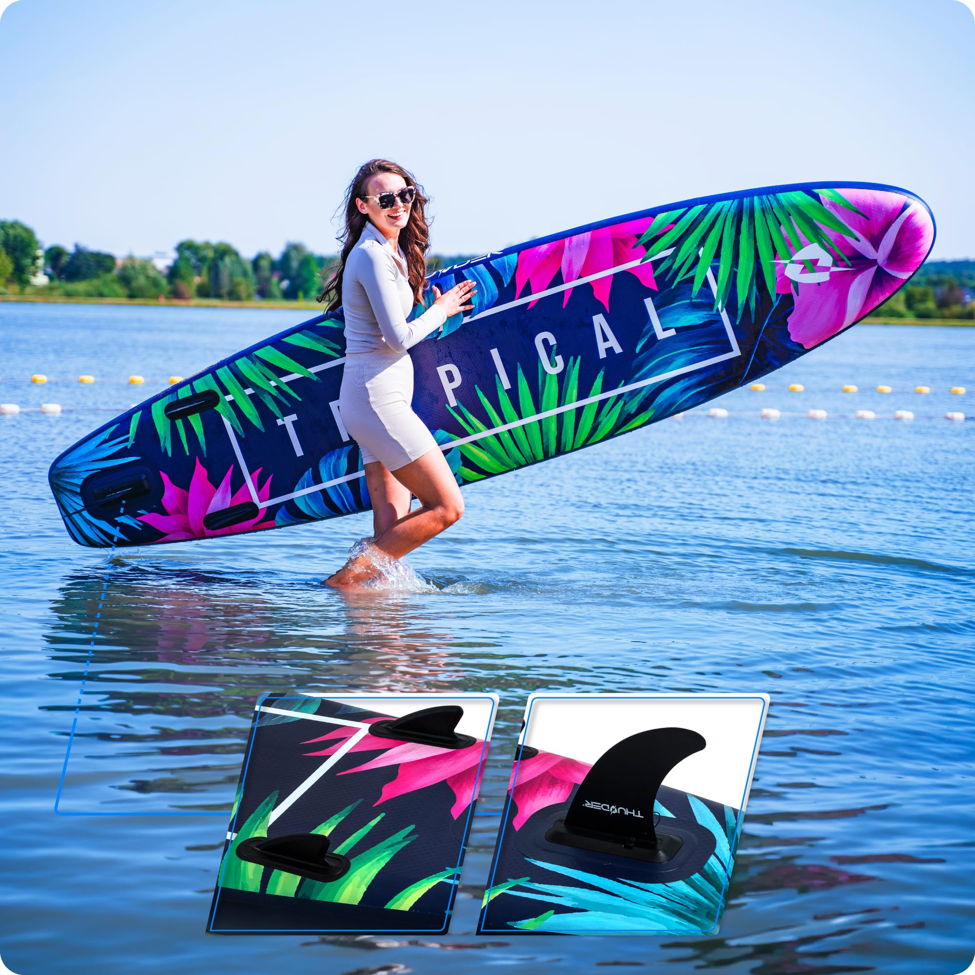 THUNDER Tabla de Sup Inflable de 320 cm con Asiento de Kayak – Set de Stand Up Paddle Board con Bomba, Remo y Mochila – Antideslizante para Adultos y Principiantes
