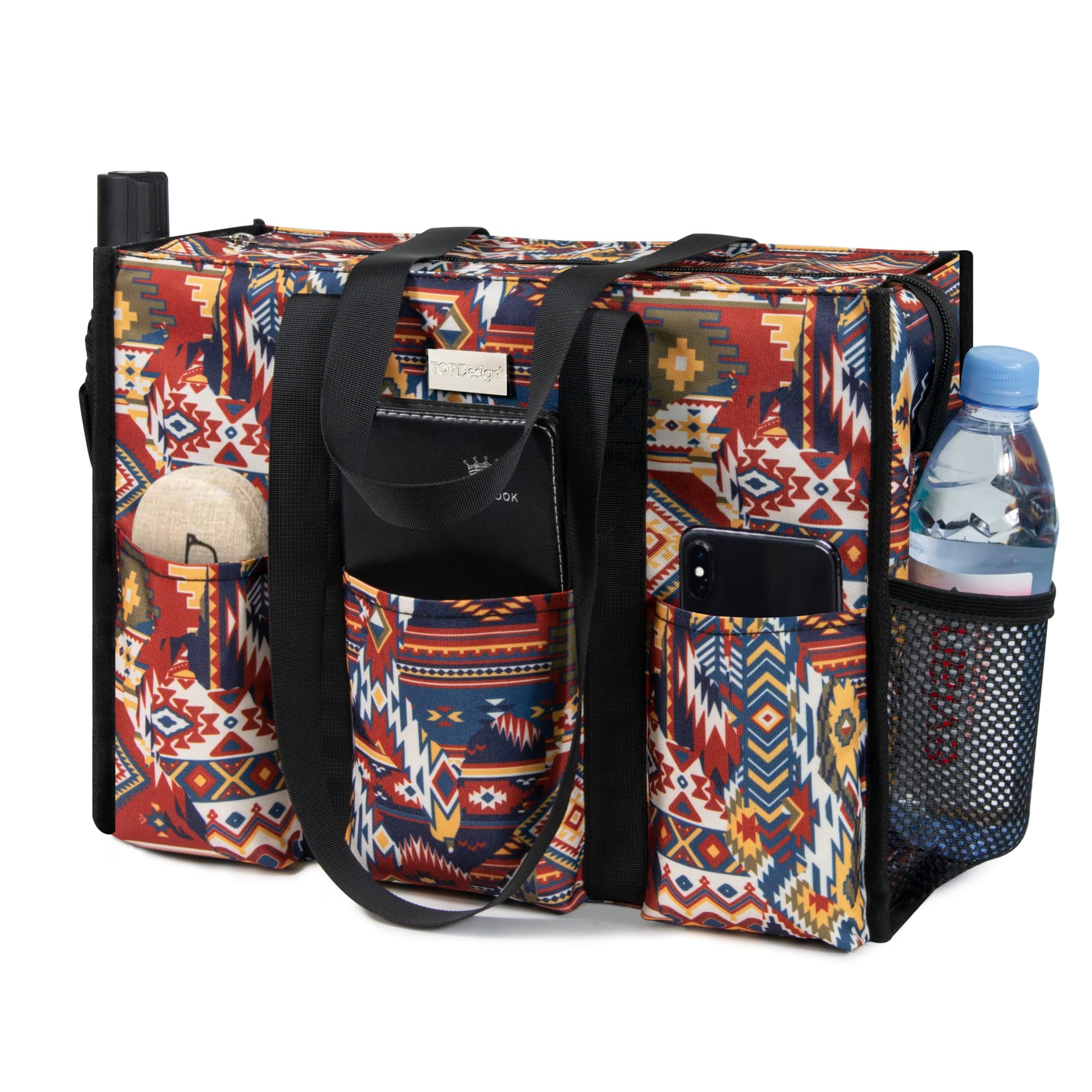 TOPDesign Utility Water Resistant Tote Bag with 13 Pockets, Zipper Closure