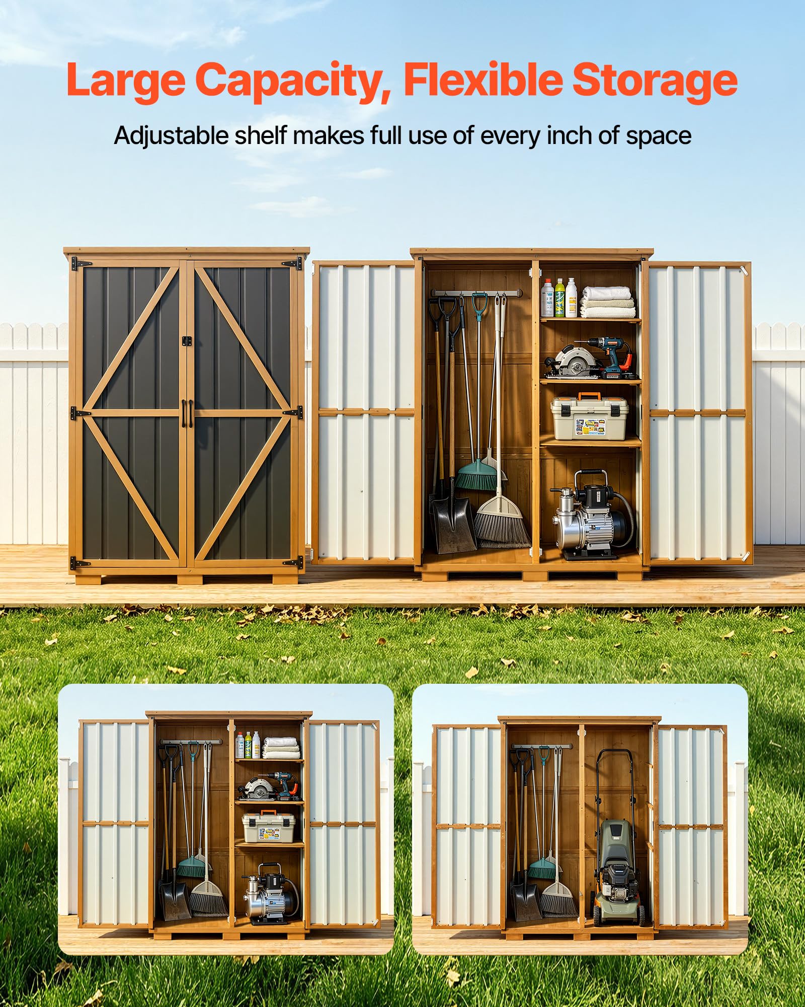 VEVOR Gartenschrank Holz, Geräteschrank mit Abschließbaren Türen, Gerätehaus mit Regalen & Boden, Geräteschuppen, Gartengerätehaus, Werkzeugschrank für Terrasse, Garten, Rasen, 112x46x160 cm