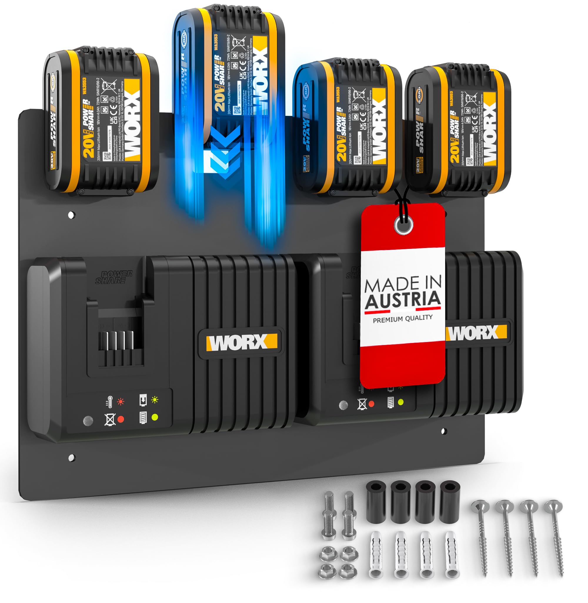 Wandfest® Wandhalterung für Worx Akkus und Ladegeräte - Das Original [Made in Austria] Worx Akku Halterung für 4 Akkus - Jetzt mehr Ordnung in Werkstatt und Garage