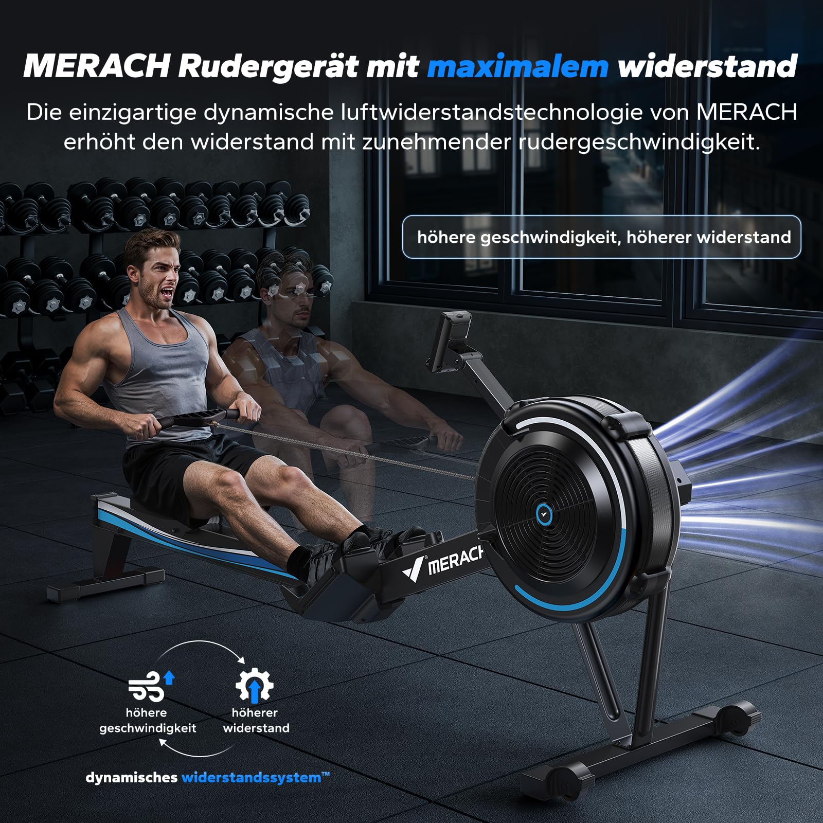 MERACH Rudergerät Luftwiderstand für Zuhause, Wettkampfmonitor, Verstellbarer Luftwiderstand, ergonomischer Komfortsitz und Gerätehalterung, einfache Aufbewahrung