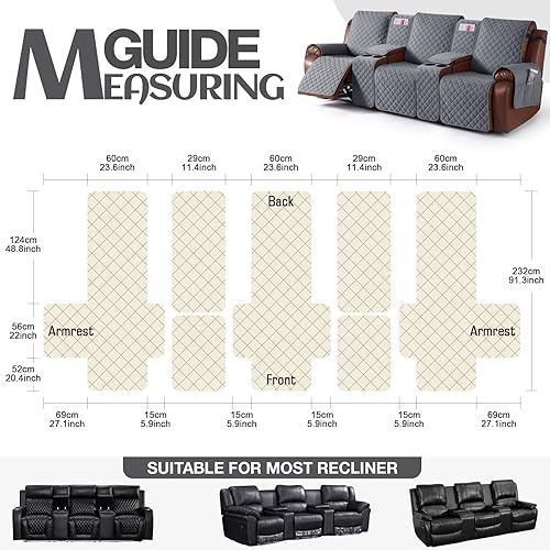Miniatura 6 de KinCam Funda de sofá reclinable 100 % impermeable con consola, funda antideslizante para sofá reclinable de 3 asientos, funda de sofá reclinable,