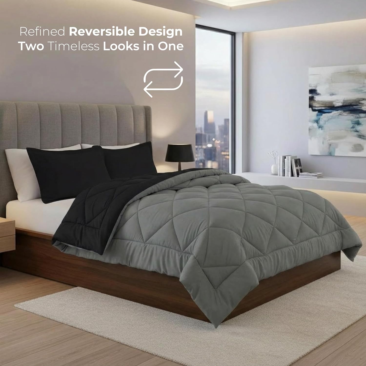Elegance Linen Silky Soft - Goose Down Alternative Reversible 3pc Comforter Set- Available in A Few Sizes and Colors, Full/Queen, Black/Gray