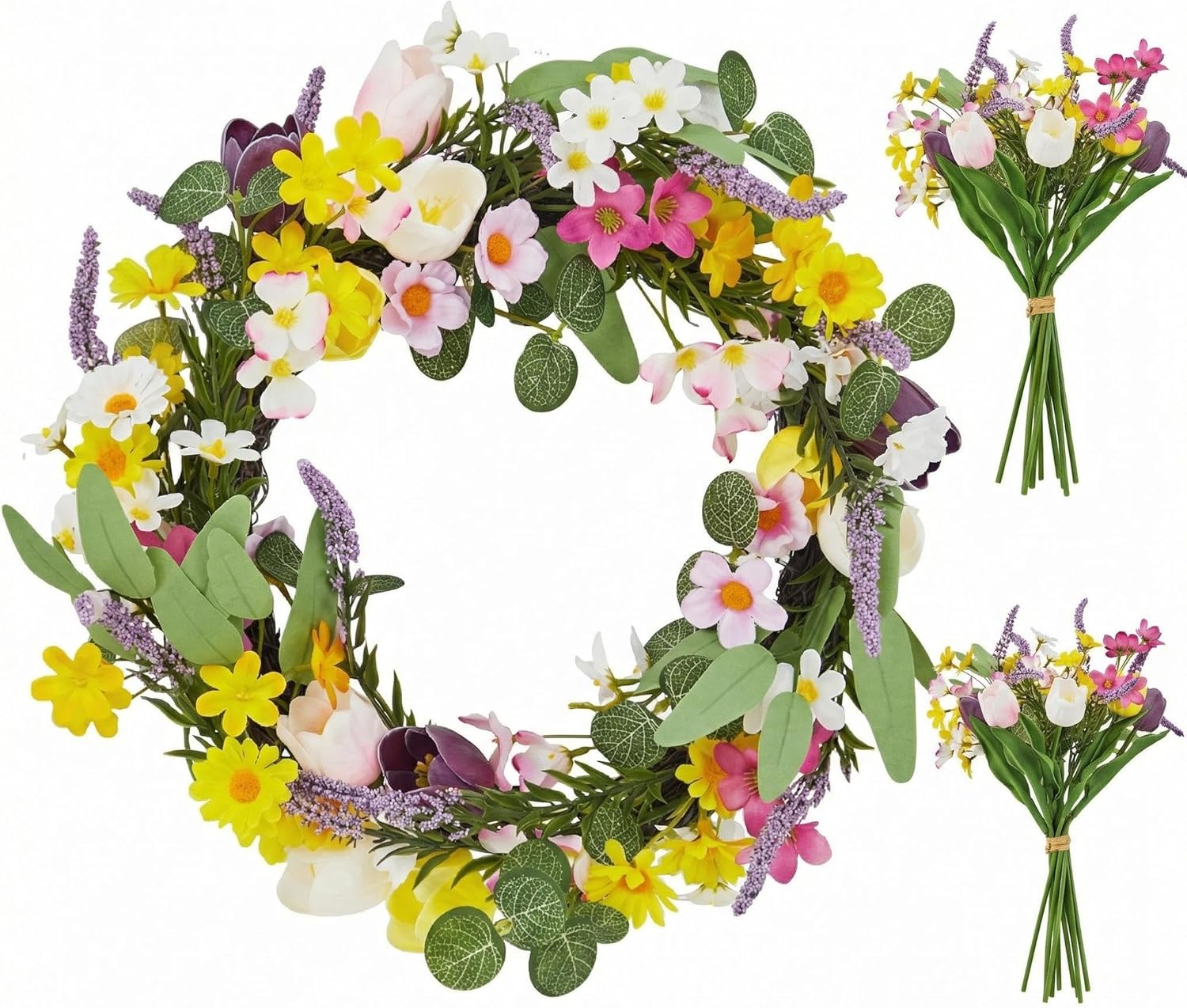 Garvee Spring Wreath for Front Door – 18in Spring Tulip Wreath and Lush Greenery, Artificial Floral Door Wreath on Real Rattan Base, Includes 2 Matching Bouquets for Spring Front Door Decor