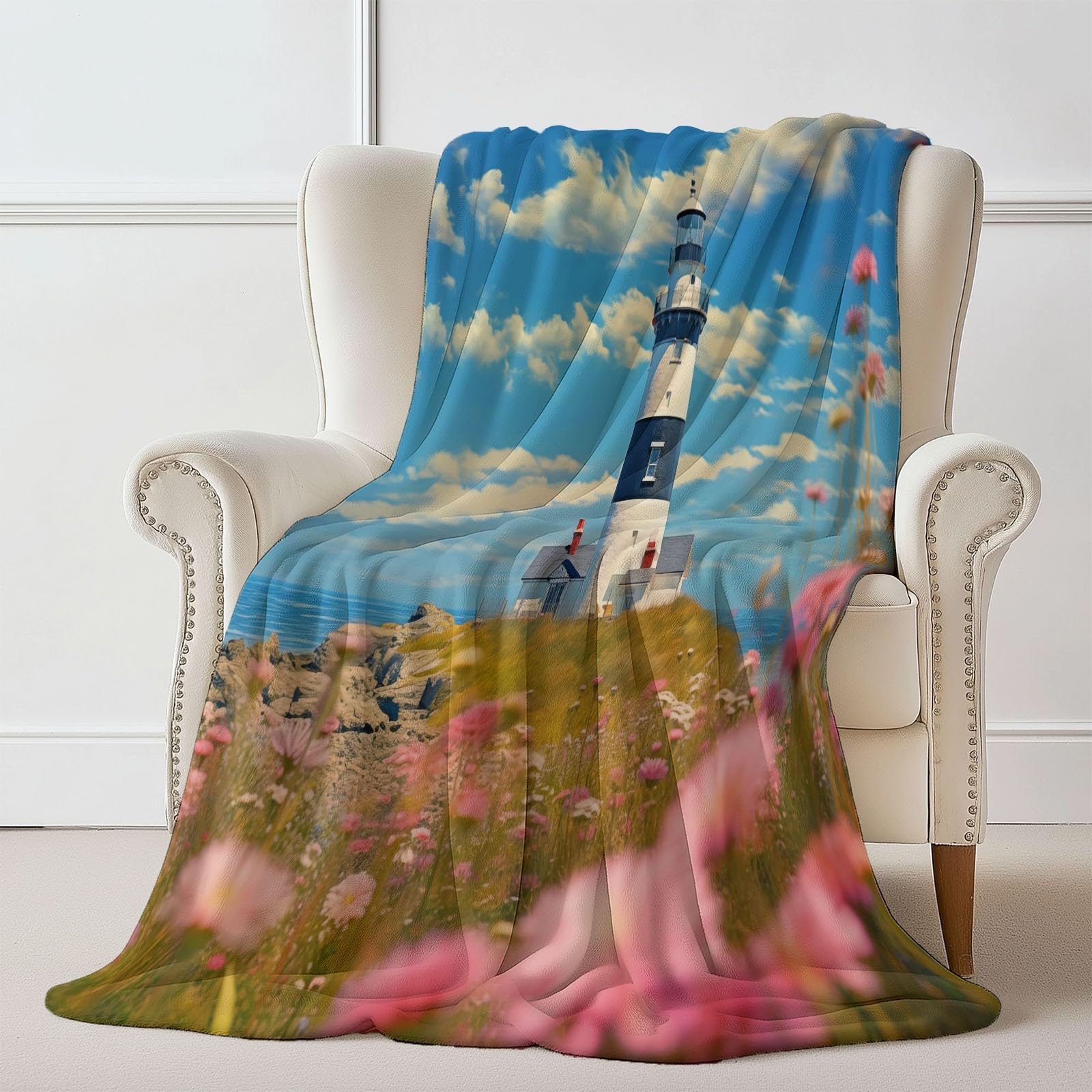 Koc polarowy 200 x 220 cm naturalna latarnia morska dzikie kwiaty koc polarowy jasnoniebieski flanelowy dla 2 osób, nadruki, miękkie i ciepłe na sofę łóżko