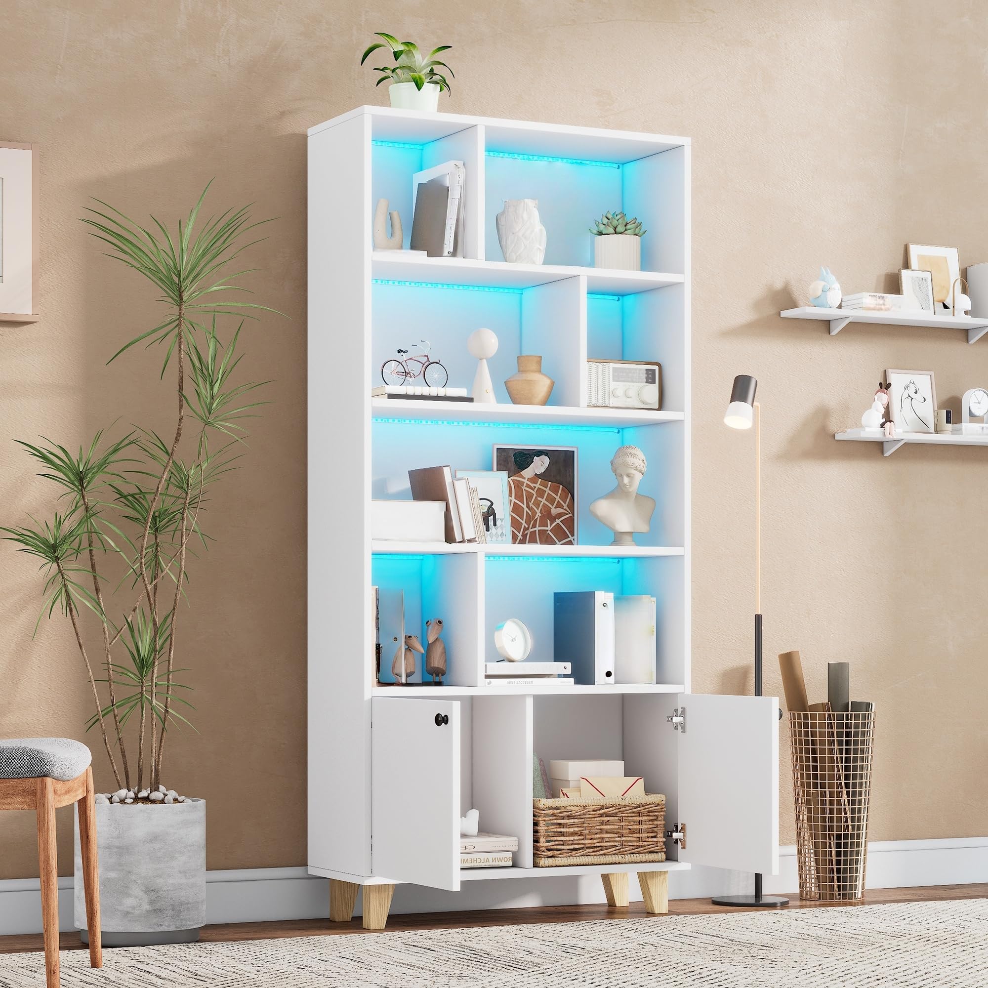 LAKFEW Bücherregal mit Türen und LED-Leuchten, Standregal mit Ablagefächer, Bücherregale mit Beine aus Massivholz, Regale Wohnzimmer, 80x30x173 cm, Weiß