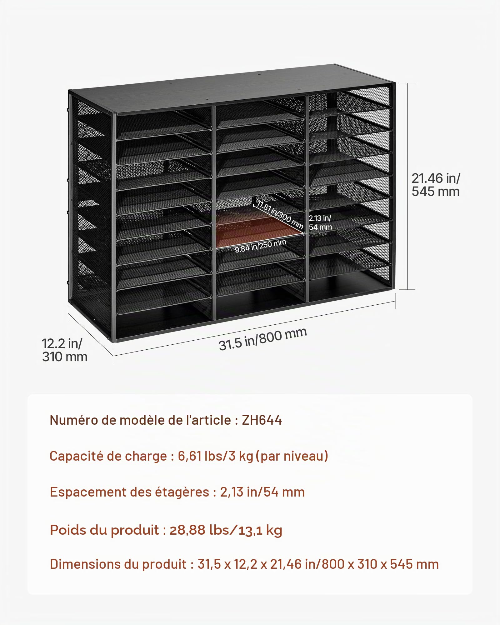 VEVOR Organisateur de Bureau, Trieur à 27 Cases avec Panneaux de Grillage Métallique Amovibles, pour Fichiers Documents Magazines École, Casier à Courrier avec Comptoir en Bois, Classeur de Table Noir