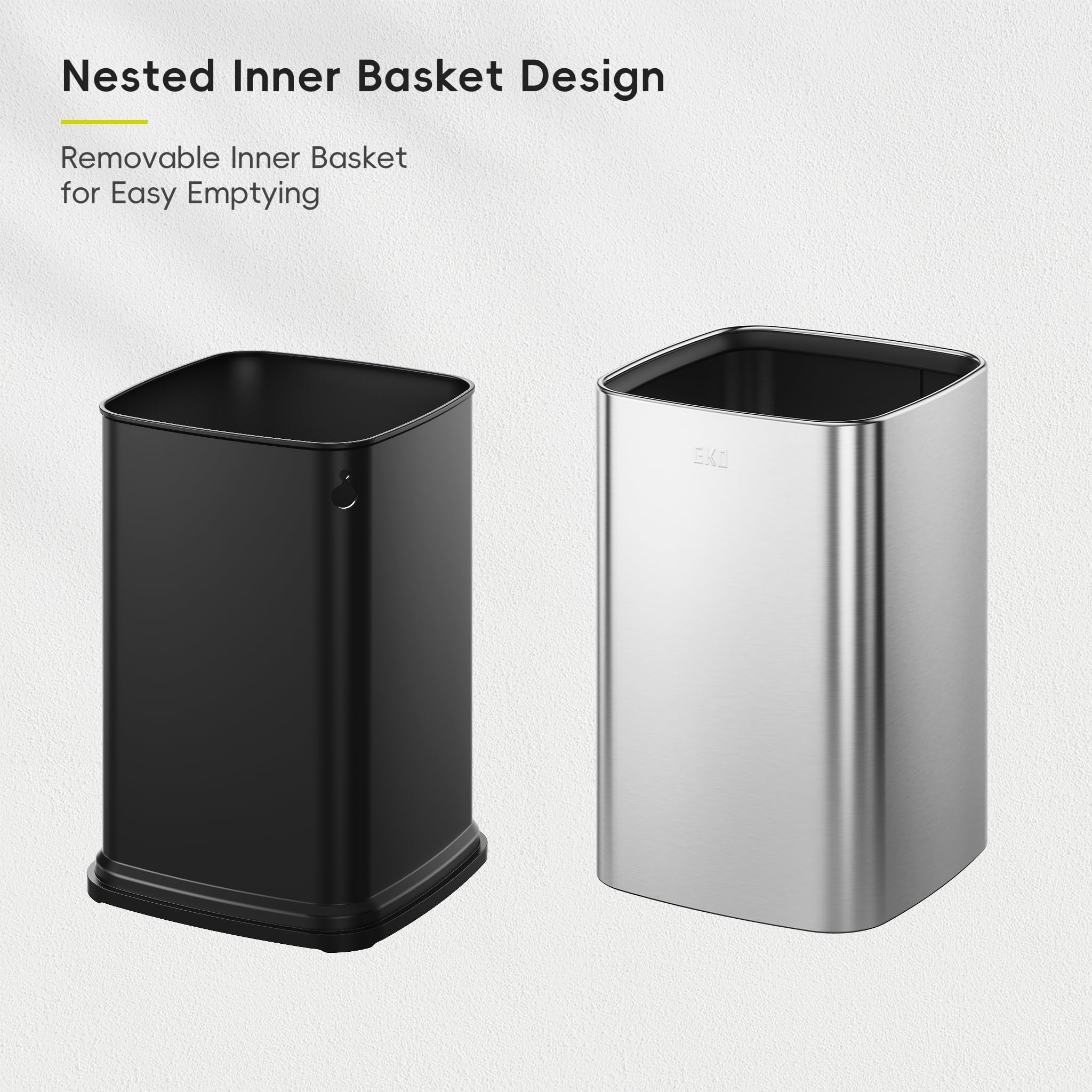 EKO Lot de 2 poubelles carrées sans couvercle avec panier intérieur amovible, petite poubelle carrée de 5 + 10 litres pour cuisine, salle de bains, bureau, maison (acier inoxydable)