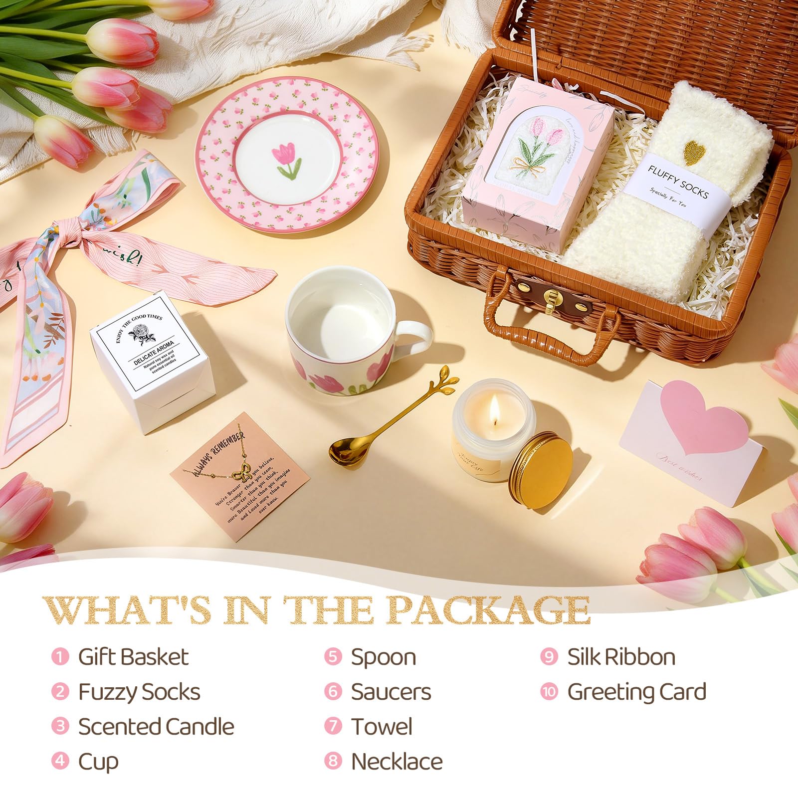 Originales Regalos para Mujer Cumpleaños Set, Elegante Canasta de Regalo & Vajilla de Cerámica con Tazas & Vela Perfumada & Collar, Regalos del Día de la Madre para Mamá San Valentín Mujeres Esposa