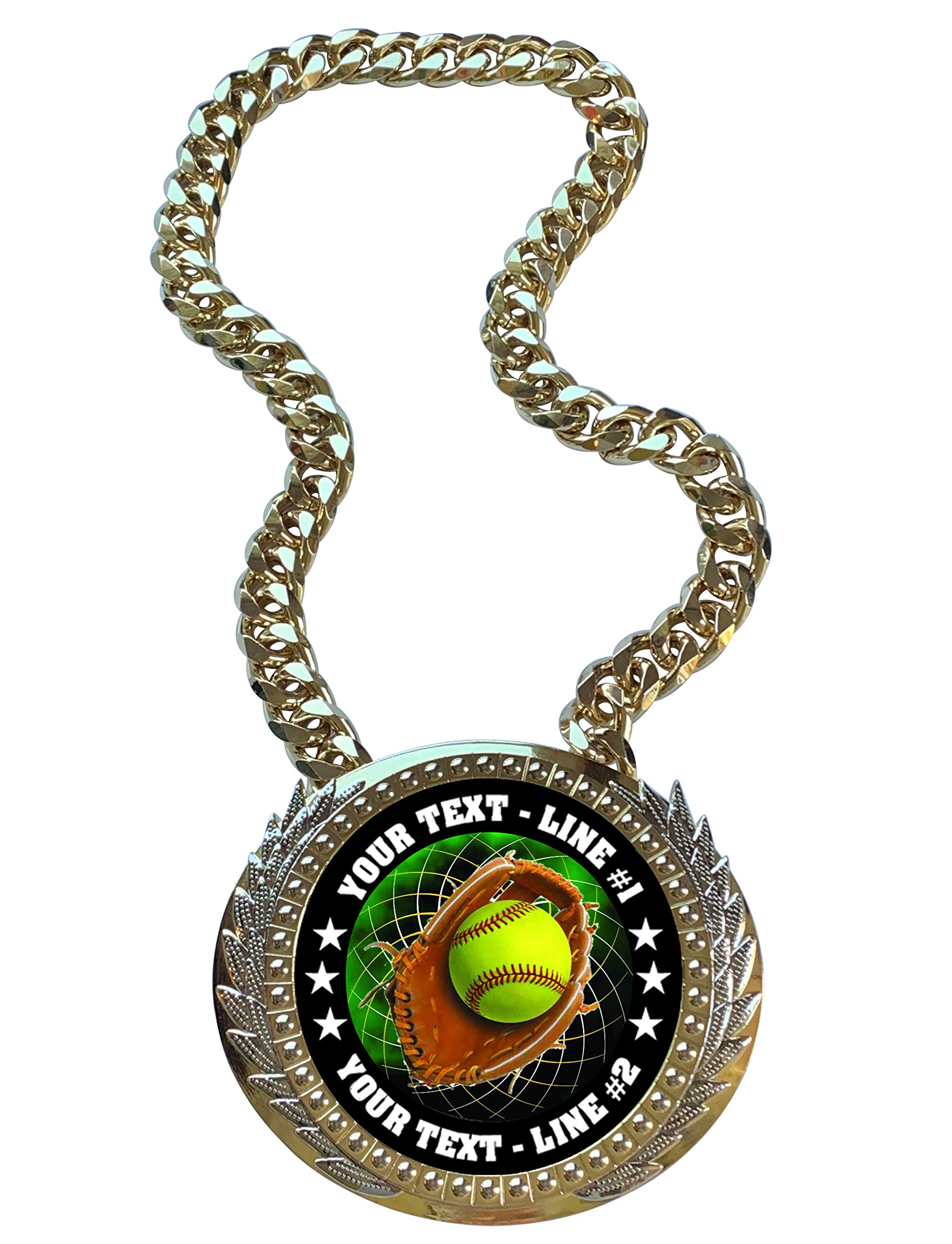 Express MedalsMetal Version Softball Champ Chain Trophy with 2 Lines of Personalized Custom Text on a Large Award Medal and Attached 34 inch Long Metal Neck Chain. FCL546