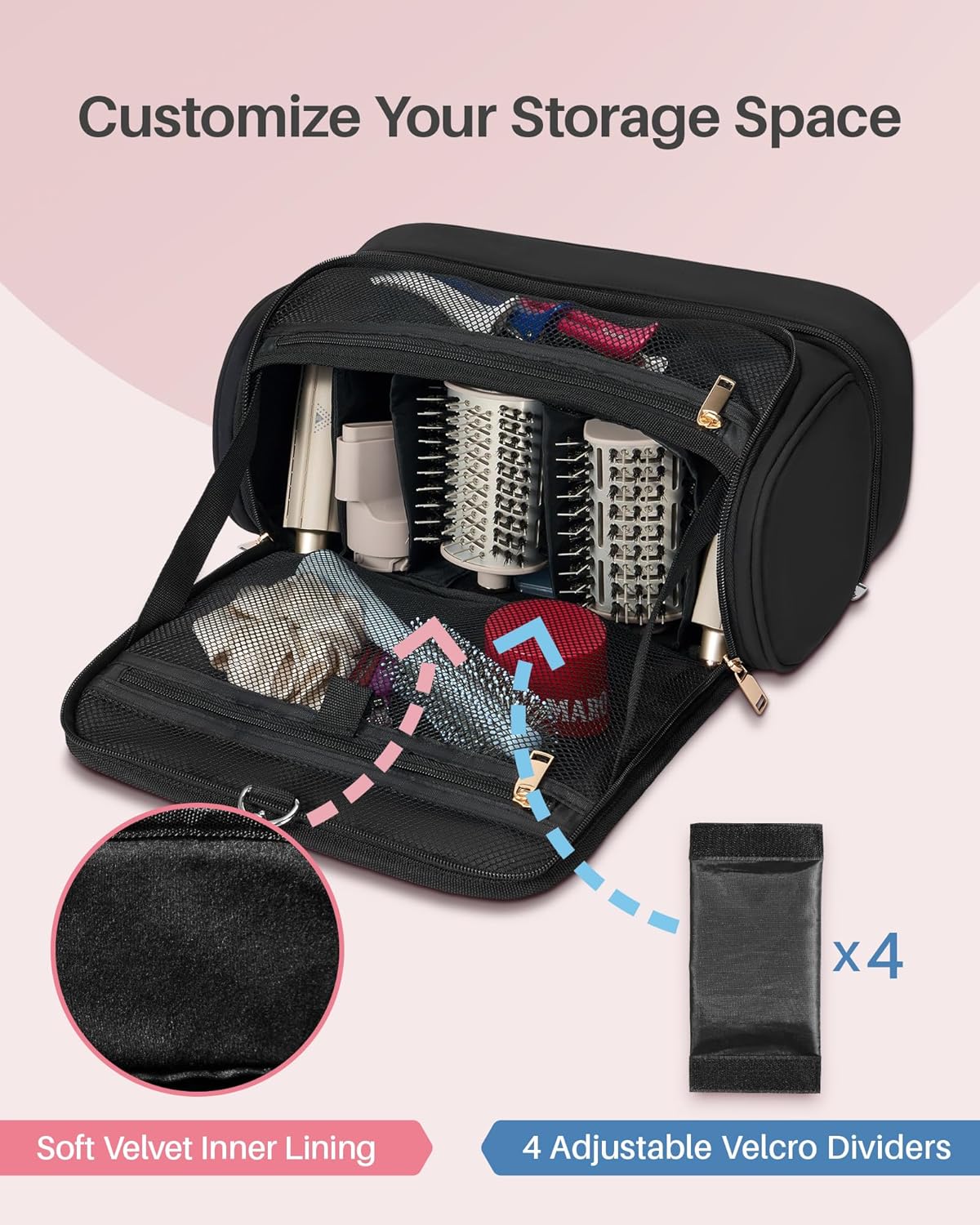 Hanging Hair Tool Organizer for Dyson Airwrap and Shark FlexStyle, Water-Resistant Travel Case with Removable Divider, Storage Bag for Attachments, Black