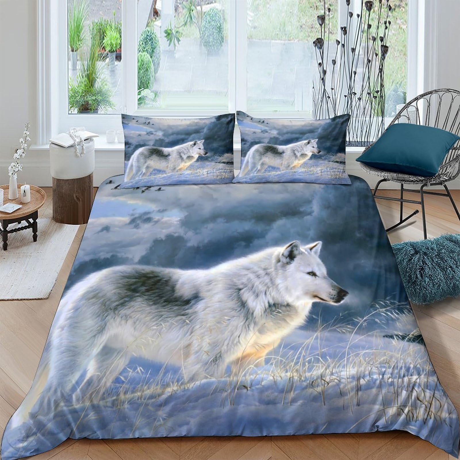 Ctjqhvkz Style-6 3D Printed Wolf Forest Fitted Sheet Microfiber Soft Grey Blue Mountain Mattress Cover For Bedroom Guest Room Easy Care Single（135X200cm）