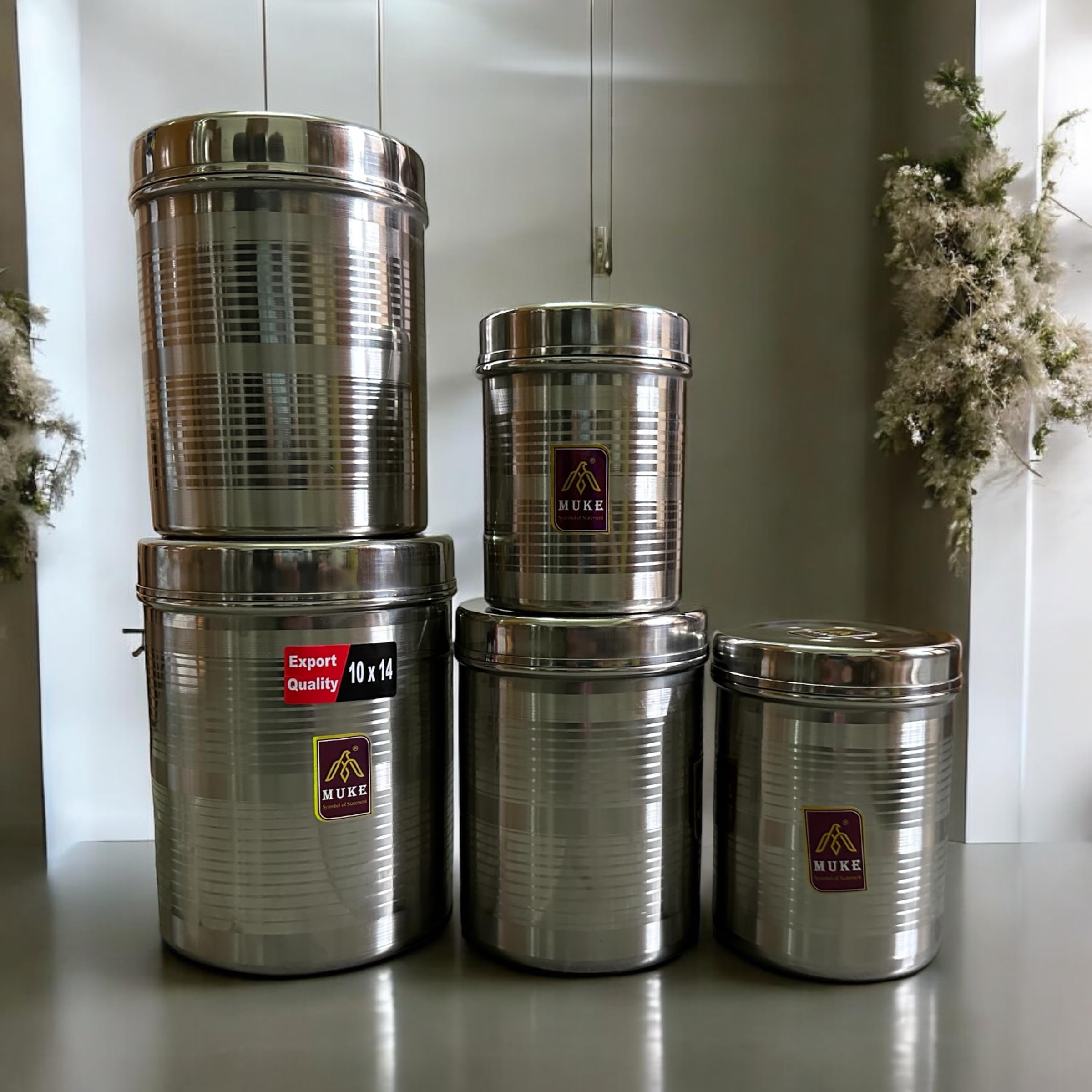 KITCHEN NEXT Muke Stainless Steel Dibba Container Set Food Grade Storage Kitchen Jar Container 500Ml To 2Kg, 5Pcs,Silver