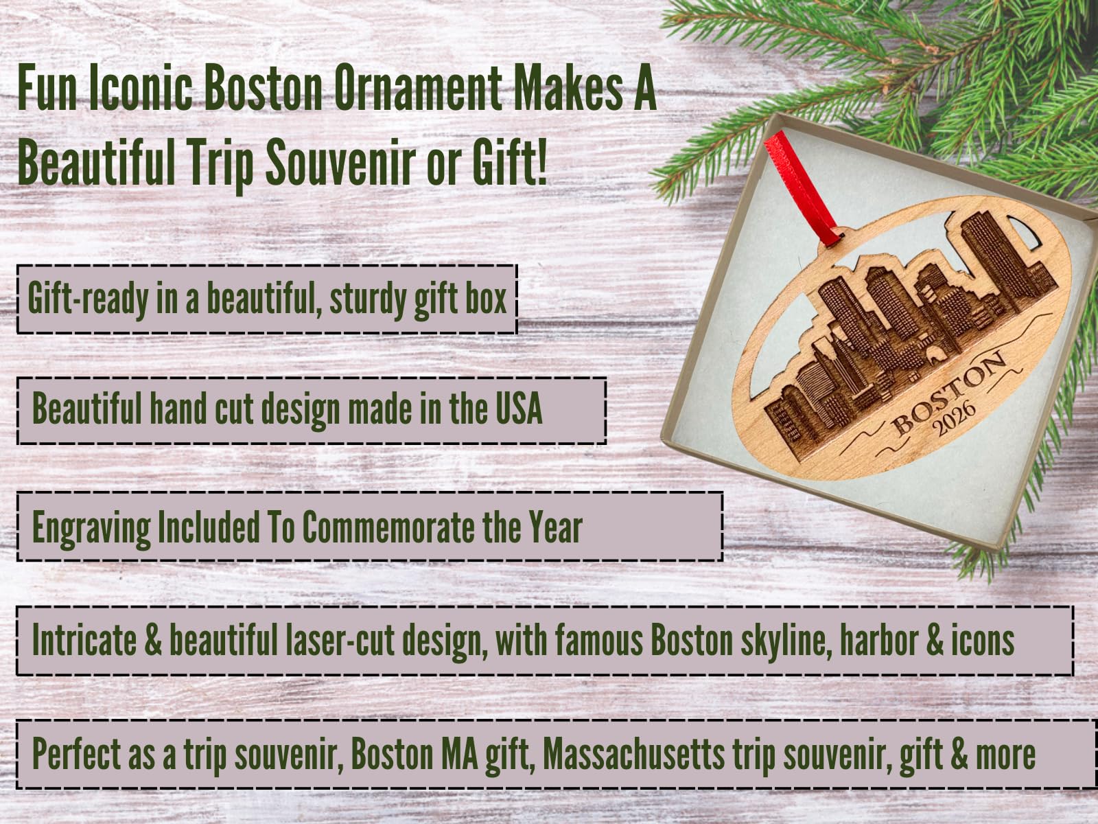 2026 Boston Christmas Ornament, City Skyline Boston Trip Souvenir or Gift Idea, Massachusetts Souvenirs, Gifts - 250 Years of America Commemorative Memento, Laser Cut Wood, with Gift Box