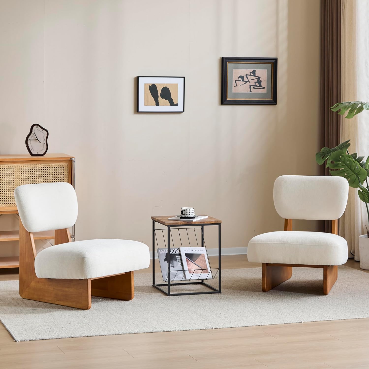 Christopher Knight Home Mores Low Profile Accent Chair Set of 2, Modern Living Room Armless Lounge Chair, Fabric Comfy Reading Chair for Bedroom, Wooden Frame and Thick Padded Seat, Beige + Natural