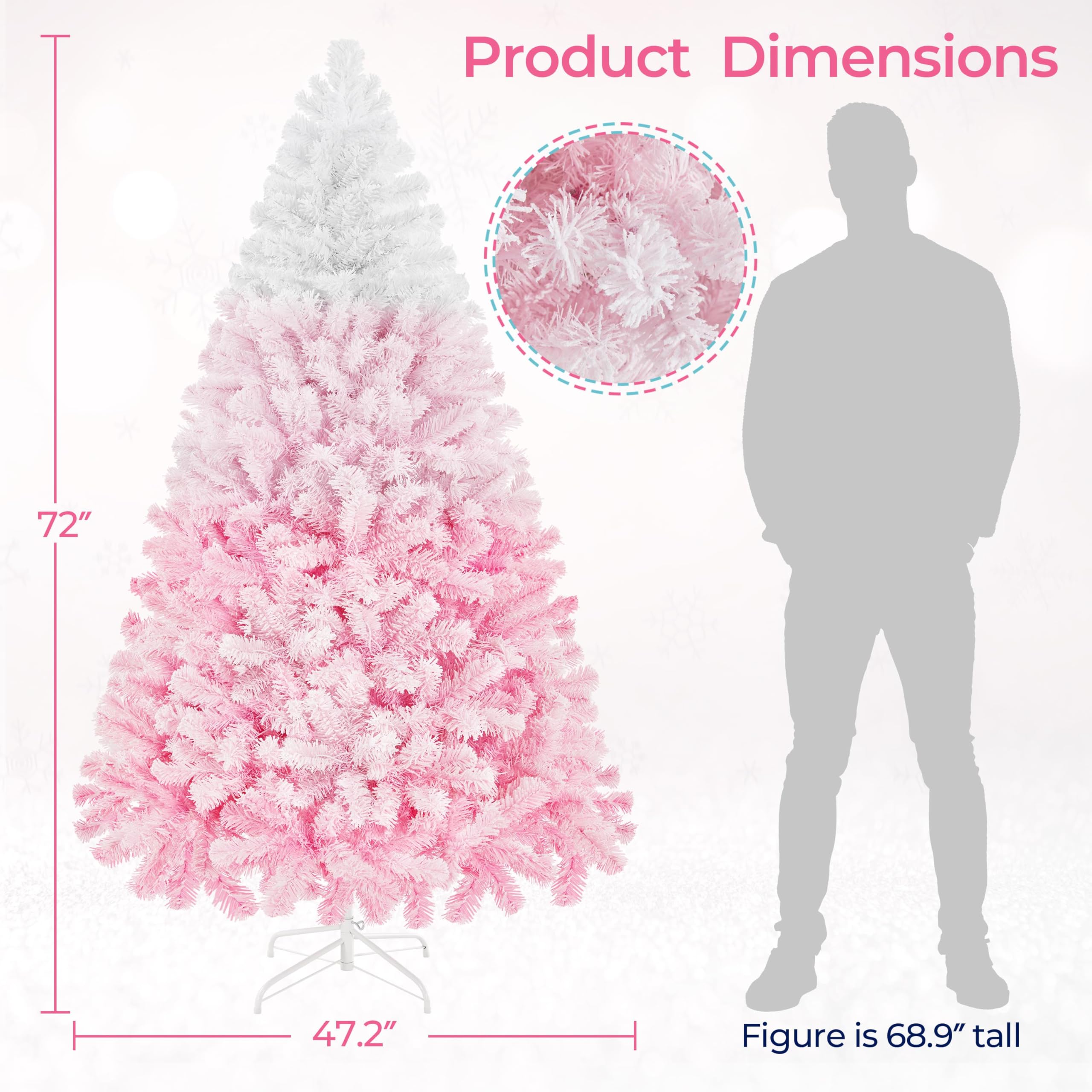 Yaheetech 6ft Pre-lit Artificial Christmas Tree with 250 Incandescent Warm White Lights, Snow Flocked Full Prelighted Xmas Tree with 820 Branch Tips & Foldable Stand, Pink Gradient