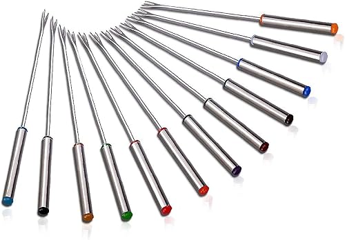 NutriChef PrTPKFONDSTK12 - Juego de 12 brochetas de acero inoxidable con asas multicolores resistentes al calor, perfectas para frutas, verduras,
