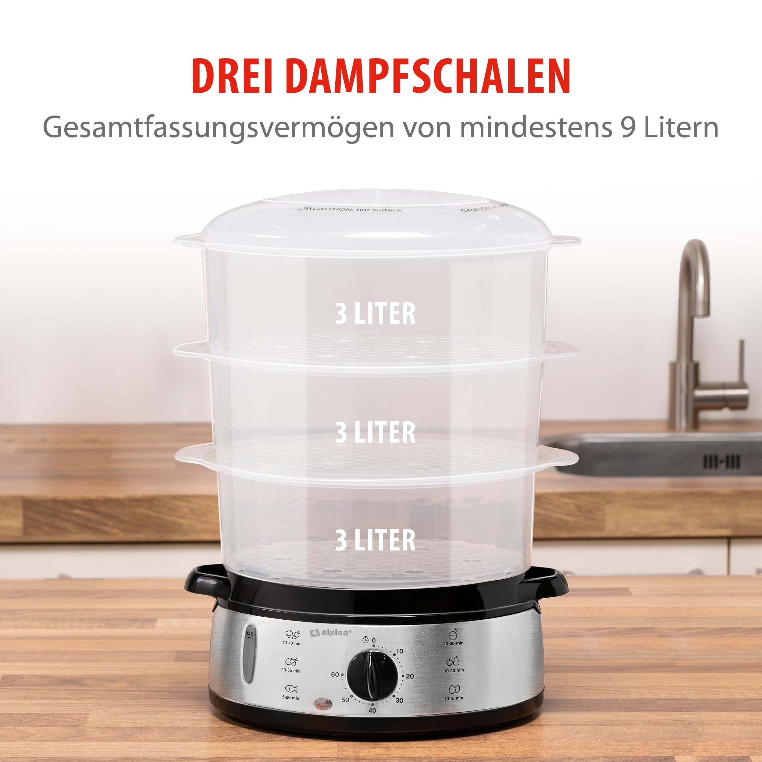 Alpina Dampfgarer Elektrisch 800W 9 Liter BPA Frei Reiskocher Spülmaschinenfest Grau