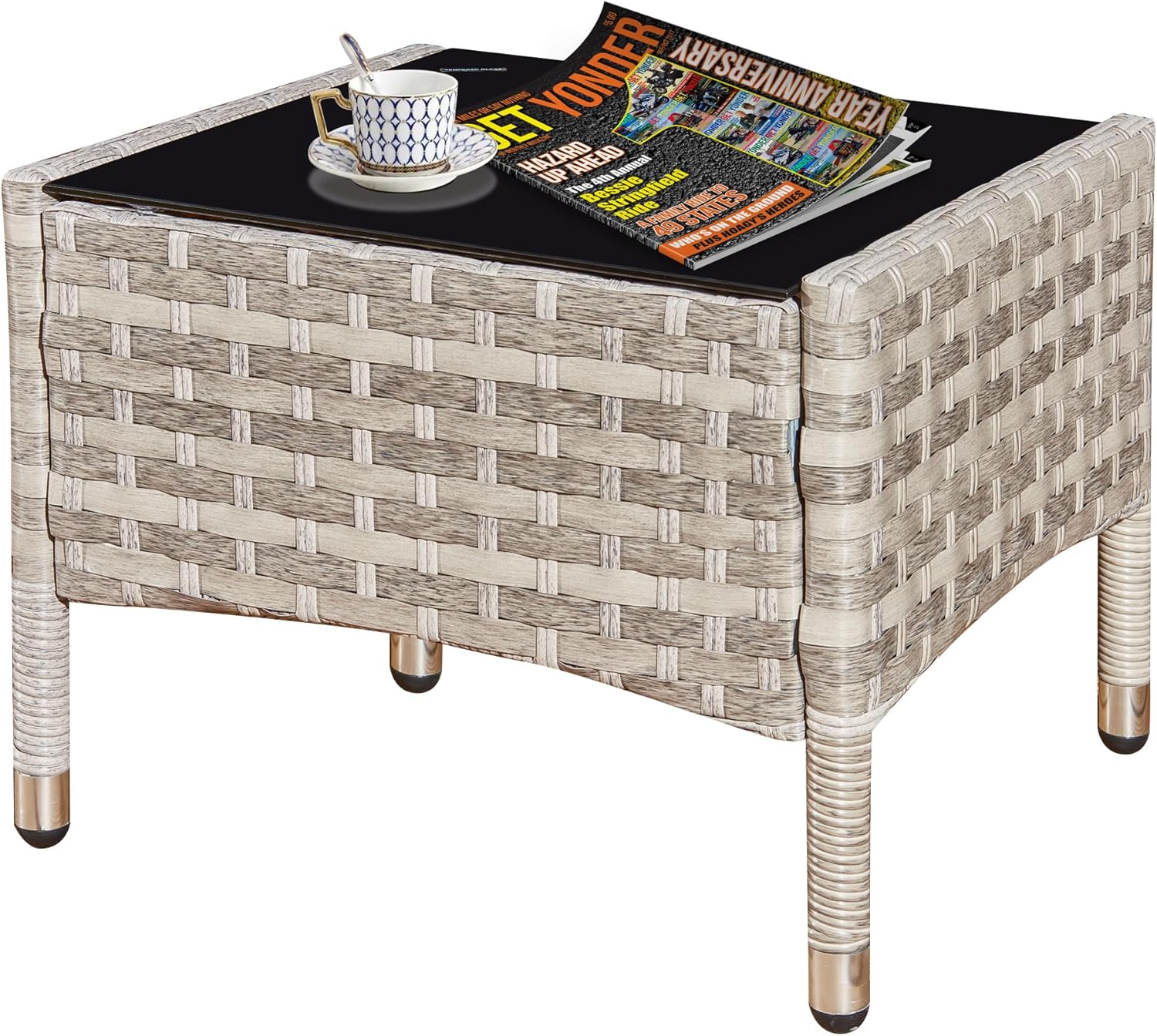 ASOWNSUN Rattan Coffee Table Outdoor Grey Patio Rattan Garden Side