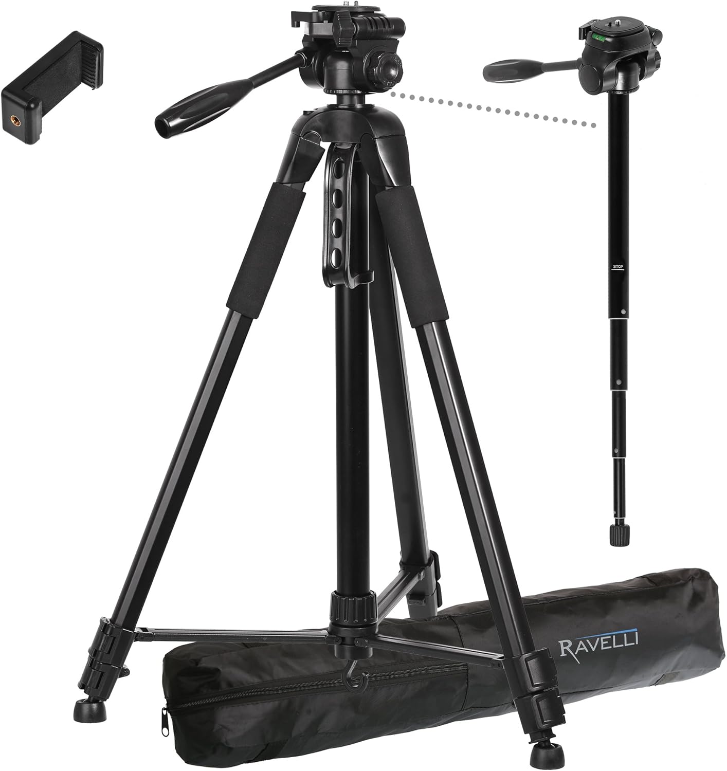 Ravelli APLT6M 72" Light Weight Aluminum Tripod/Monopod with Bag Includes Universal Smartphone Mount 72" Tripod/Monopod