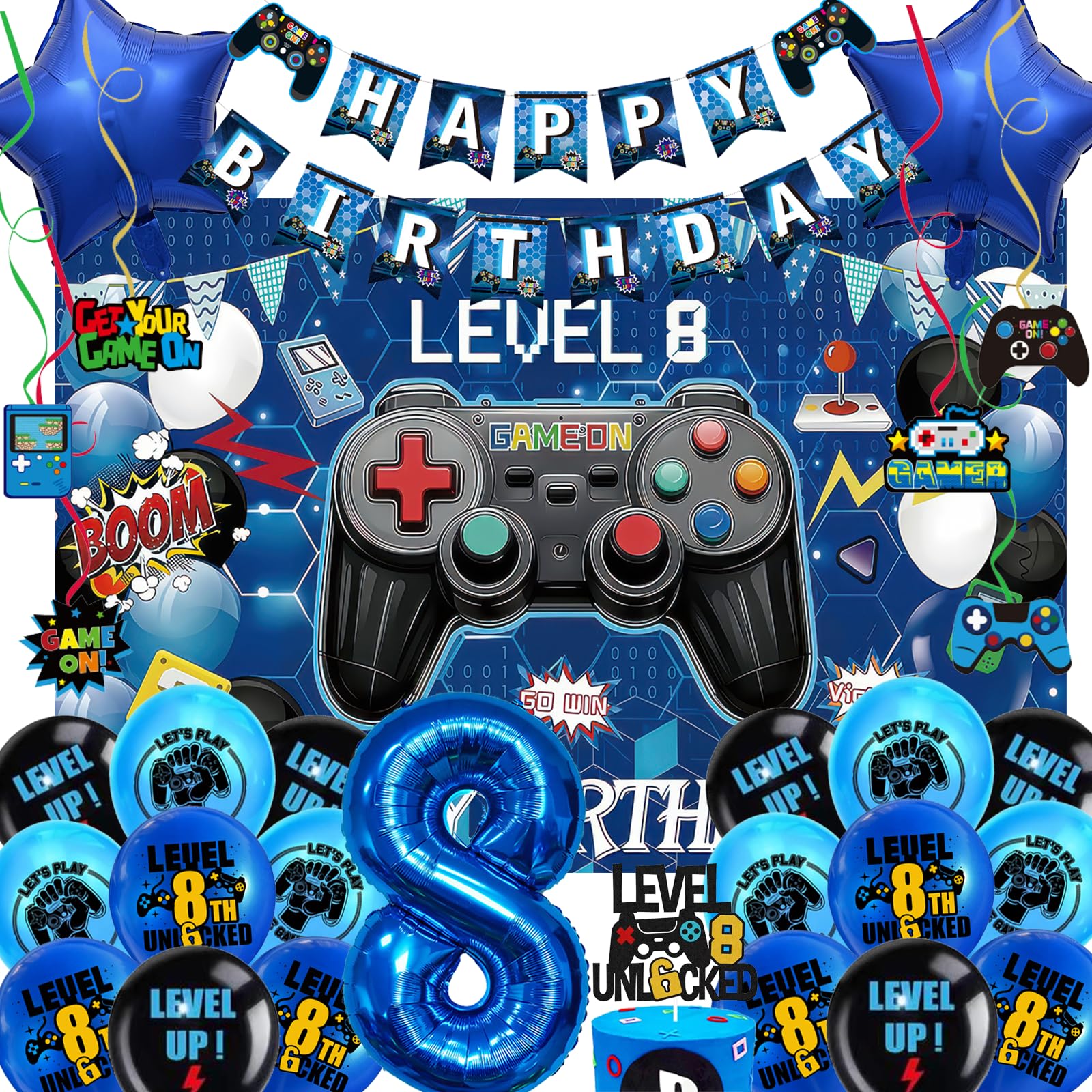 Game Theme 8th Birthday Party Decorations - 30pcs Blue Gamer Party Supplies with Latex Balloons, Birthday Banner, 32inch Number 8 Foil Balloon, 110x150cm Backdrop, Hanging Swirls for Boy & Girls — image 1