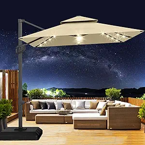 10' x 10' Heavy Duty Cantilever Patio Umbrella with Solar LED Lights & Weighted Base, 2-Tier Square Aluminum Offset Umbrella with 360-Degree Rotation for Backyard, Deck, Pool, Beige