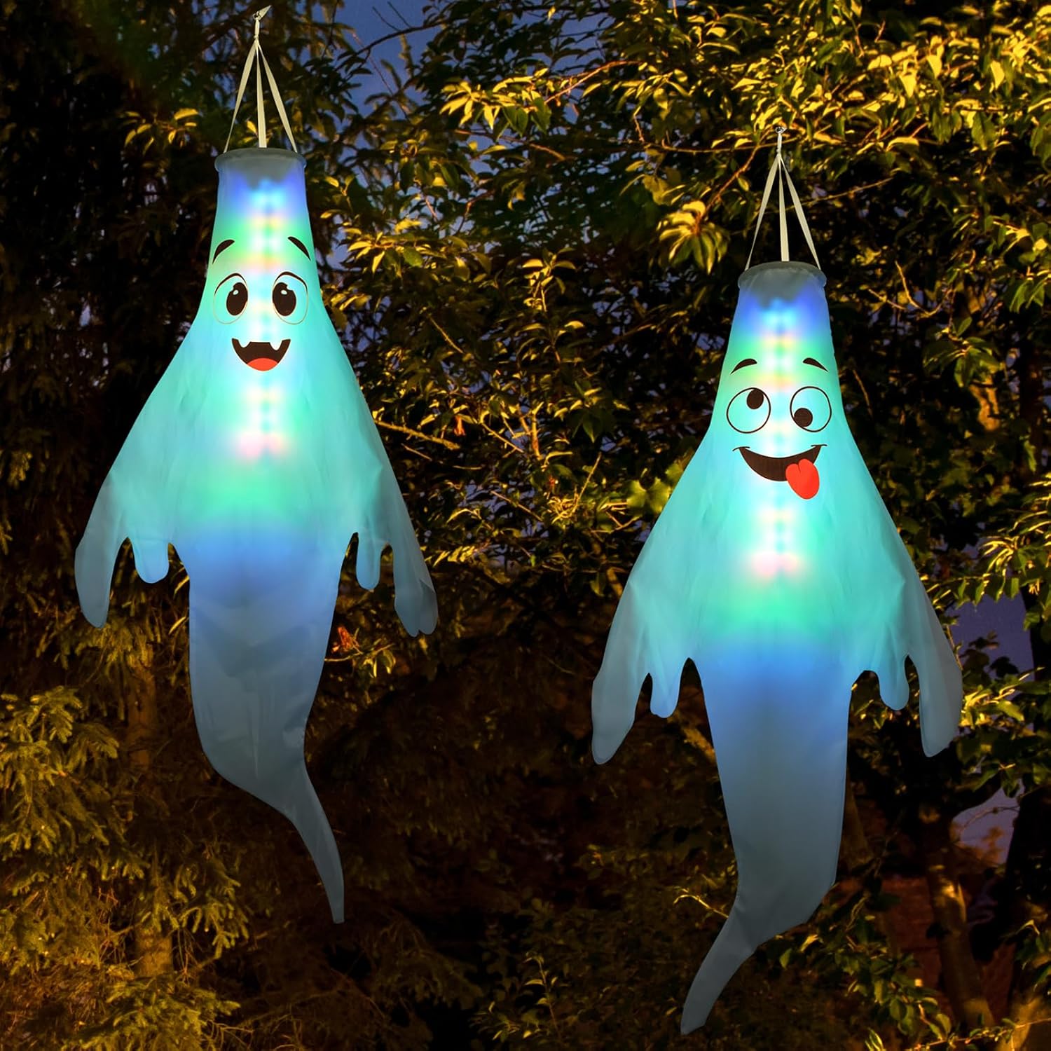 Halloween Decorations Outdoor: 2 Pcs Cute Hanging Ghosts for Tree, Porch, Garden, Yard - Waterproof Colorful LED Ghost Decor with Timer 2 Colorful Cute